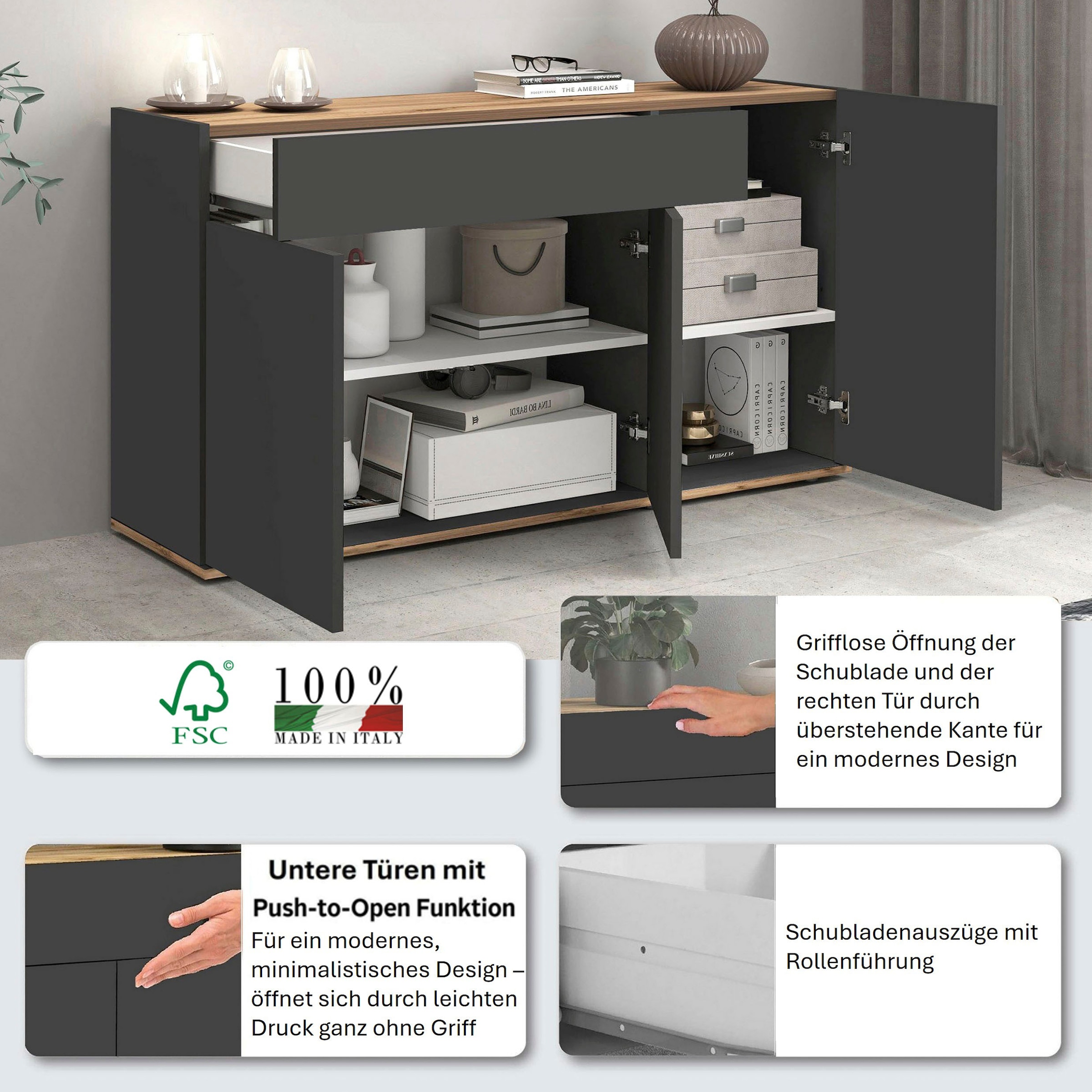 OTTO home Sideboard »Garda, Kommode, Schrank, 3 Türen, 1 Schublade, Made in Italy« 3 Türen, 1 Schublade, grifflos Breite 120,1 cm, anthrazit/eiche matt