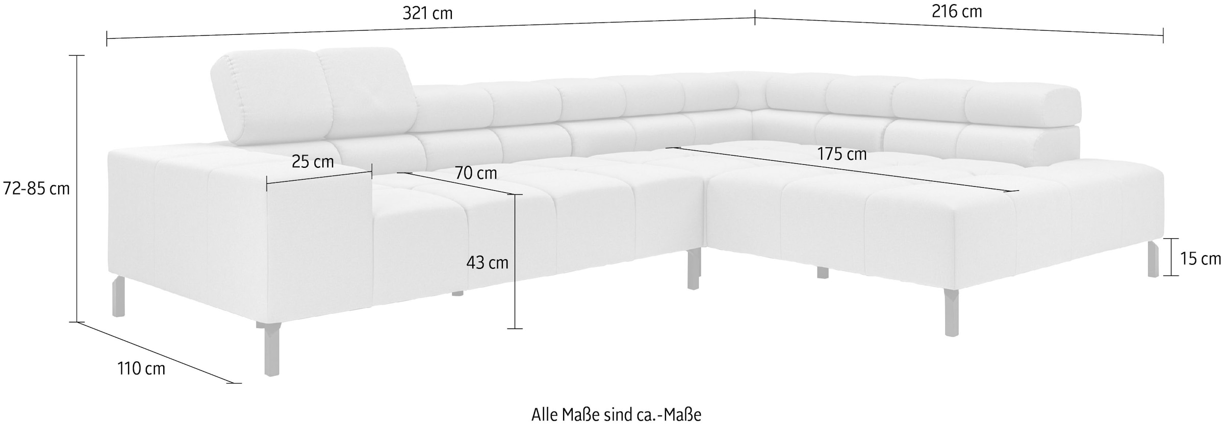 INOSIGN Ecksofa »Ancona New, wahlweise motorische Sitztiefenverstellung, auch in Cord«, feine Steppung, mit Kopfteilverstellung, 3 Zierkissen, L-Form
