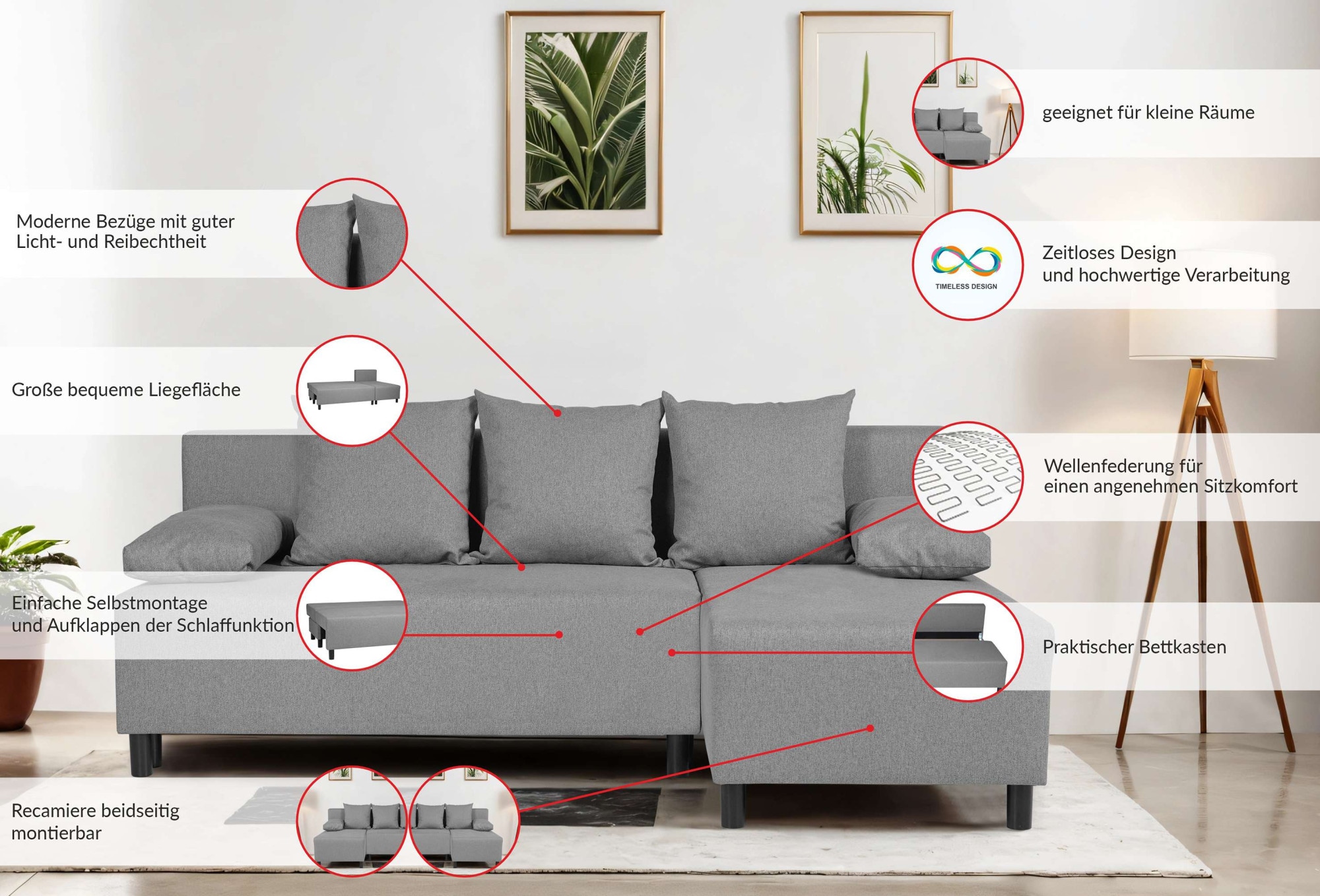 INOSIGN Ecksofa »IWALANI, Schlafsofa mit Bettkasten, Recamiere beidseitig montierbar«, L-Form, B/T/H 199/135/83 cm, Struktur weich & Velvet