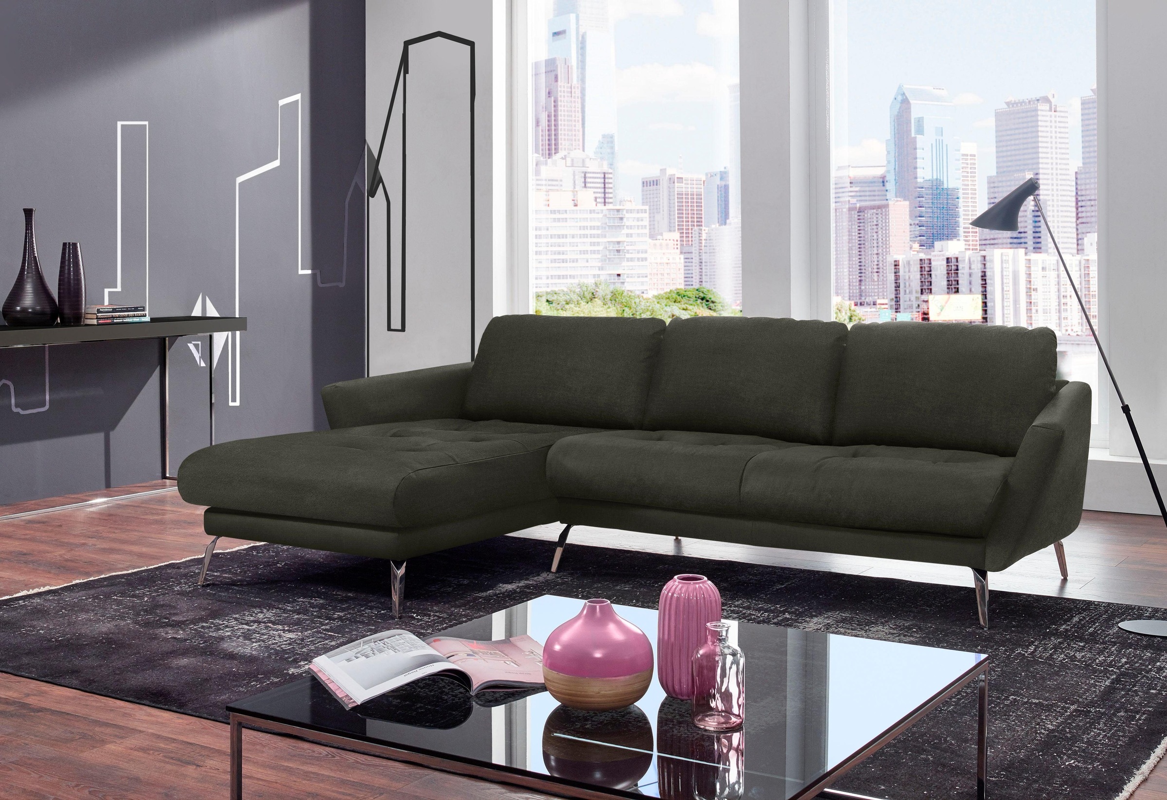W.SCHILLIG Ecksofa »softy, Designsofa, zeitlos und elegant, hoher Sitzkomfort, L-Form«, mit dekorativer Heftung im Sitz, Füße Chrom glänzend