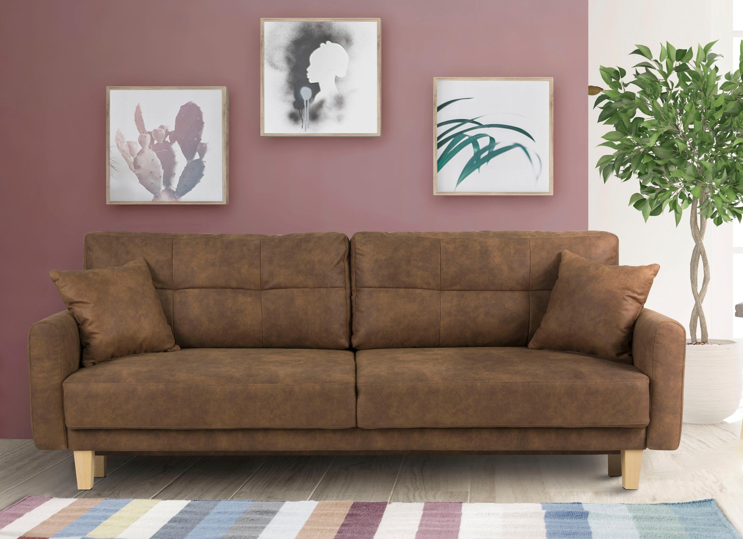 Home affaire 3-Sitzer »TRIPLO optionale Schlafsofa mit Bettkasten, Maße B/T/H: 215/100/89 cm«, Wahlweise Bettfunktion - Liegefläche 145x191 cm, Rücken-, Zierkissen