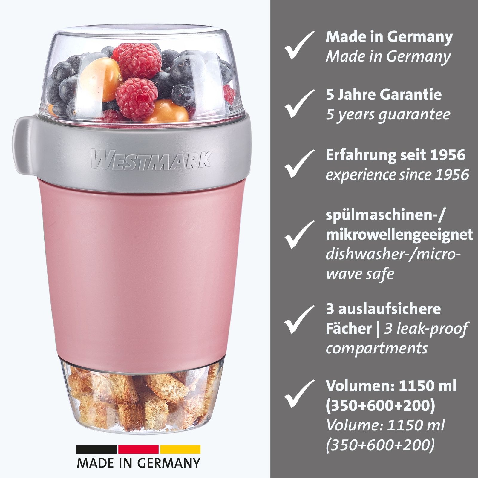 WESTMARK Mehrwegbecher 1 Stk. tlg. Müsli-, Lunchbehälter, To Go, 200 + 600 + 350 ml, Made in Germany