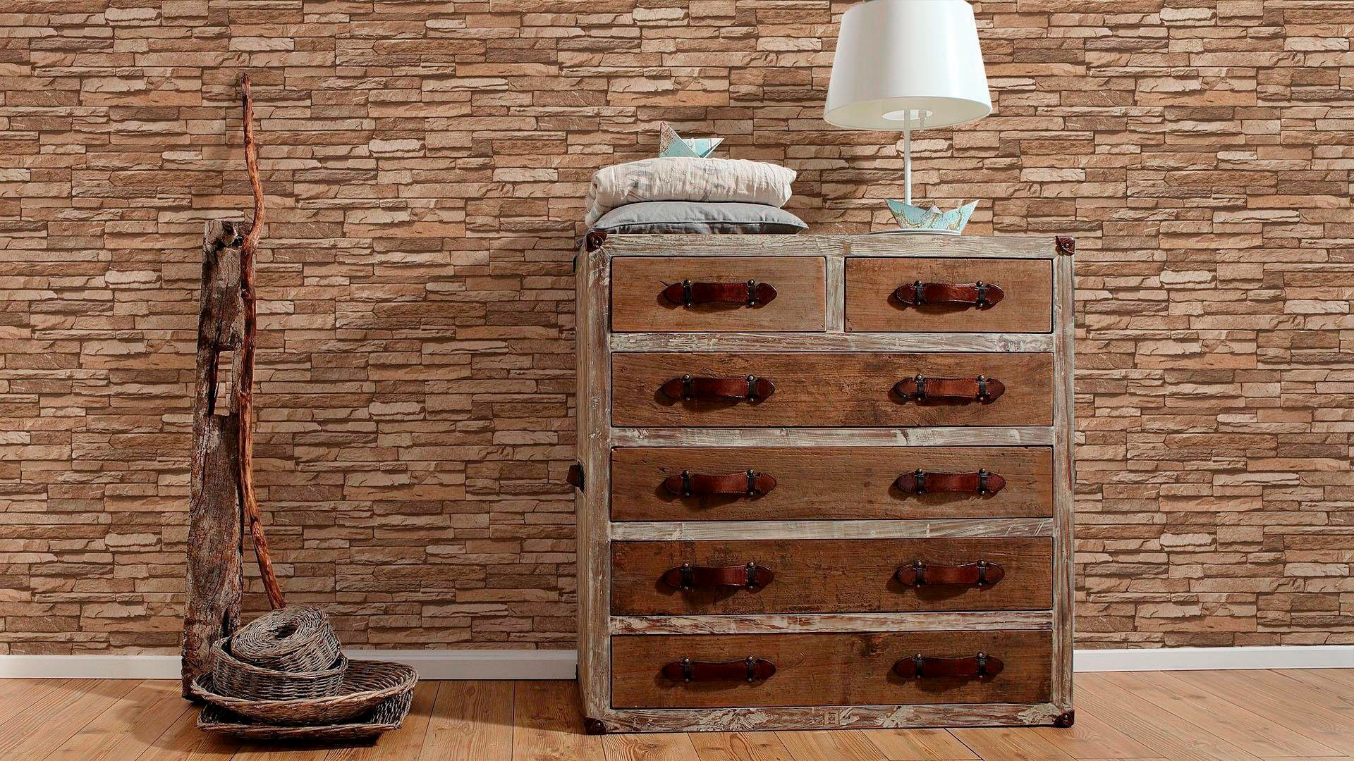 living walls Vliestapete »Best of Wood`n Stone 2nd Edition«, Steinoptik-gemustert-Motiv, Modern Tapete Stein Tapeten Wohnzimmer Schlafzimmer Küche Flur Design