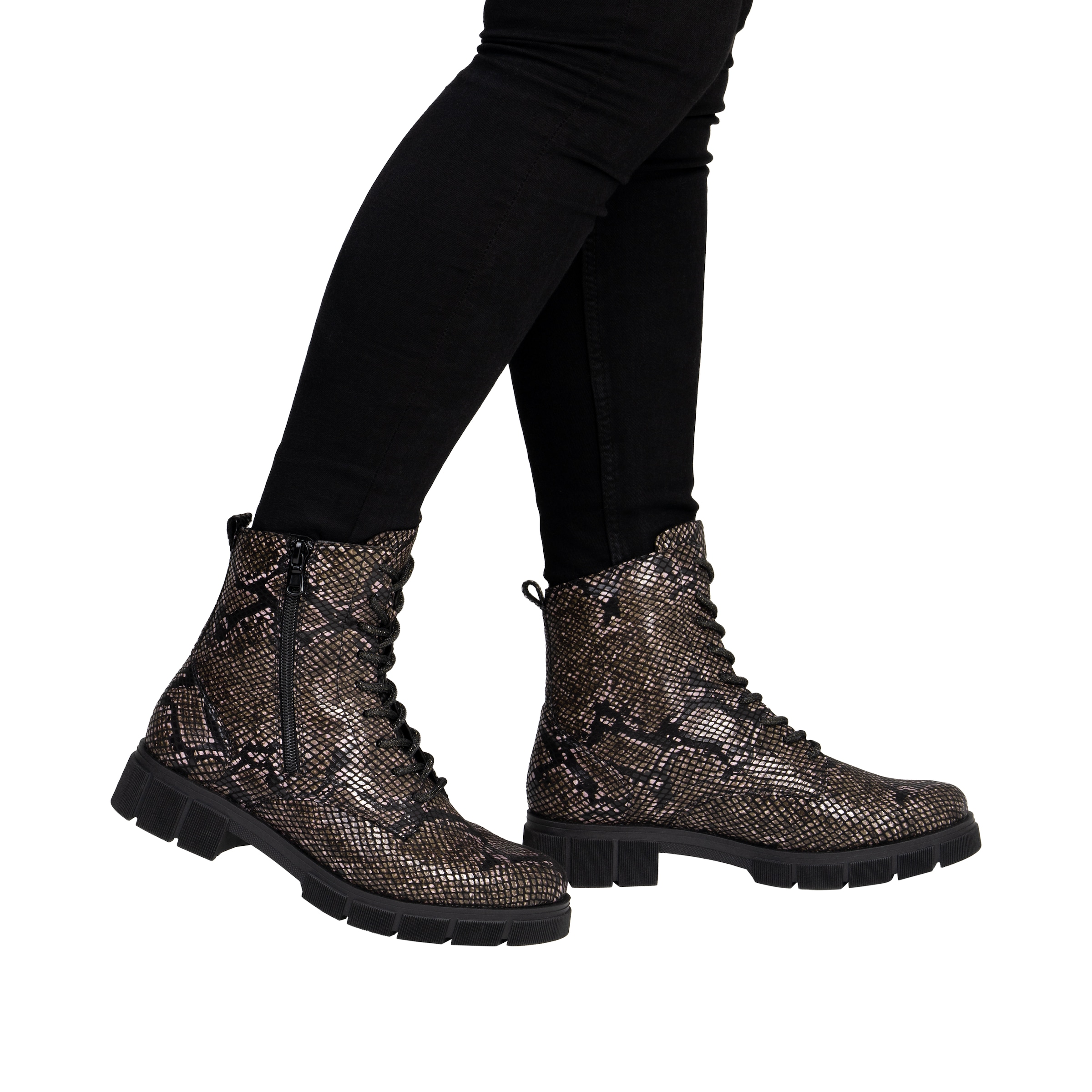 Remonte Schnürstiefelette  Blockabsatz, Schnürboots im modischem Reptilien-Look