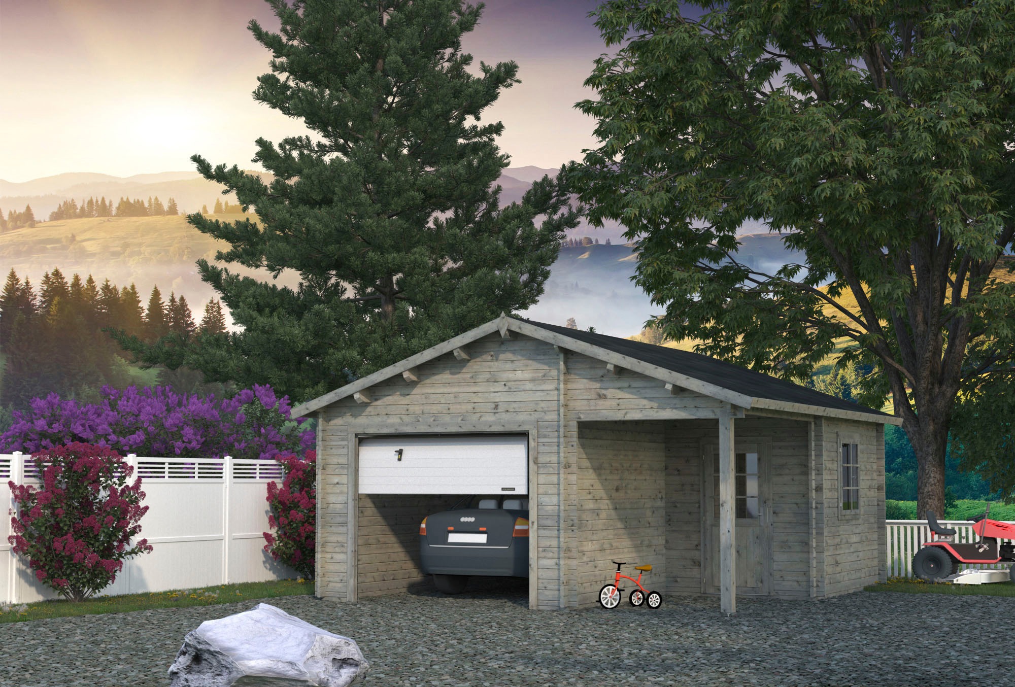Palmako Garage »Roger«, BxTxH: 564x601x321 cm, mit Anbau und Sektionaltor, grau