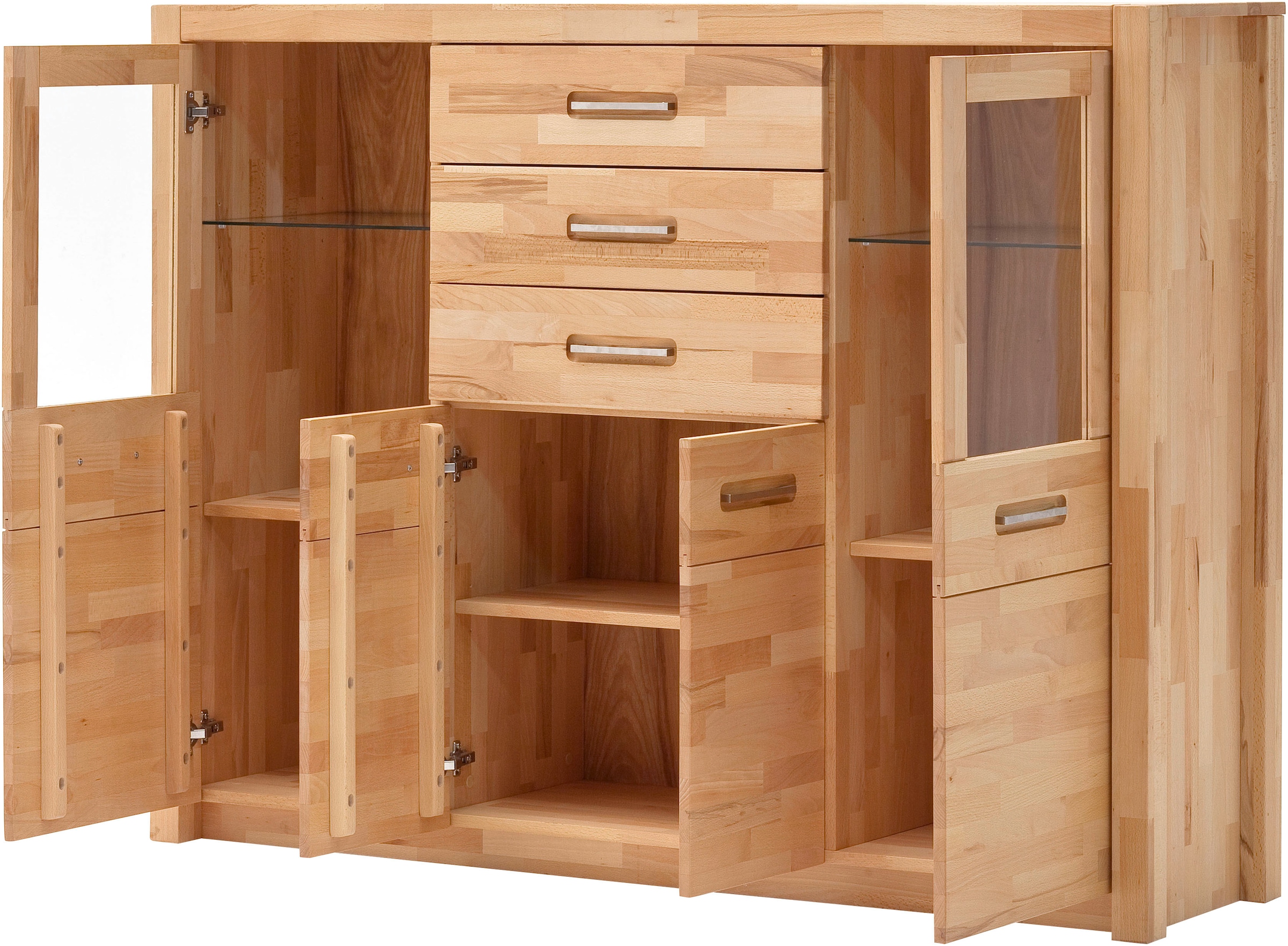 MCA living Highboard »Fenja Schrank, Hochschrank, Hochkommode, Breite 163 cm«, (Set, 1 St., 1 Stück), Massivholz, 3 Schubkästen, 4 Türen, Made in Europe