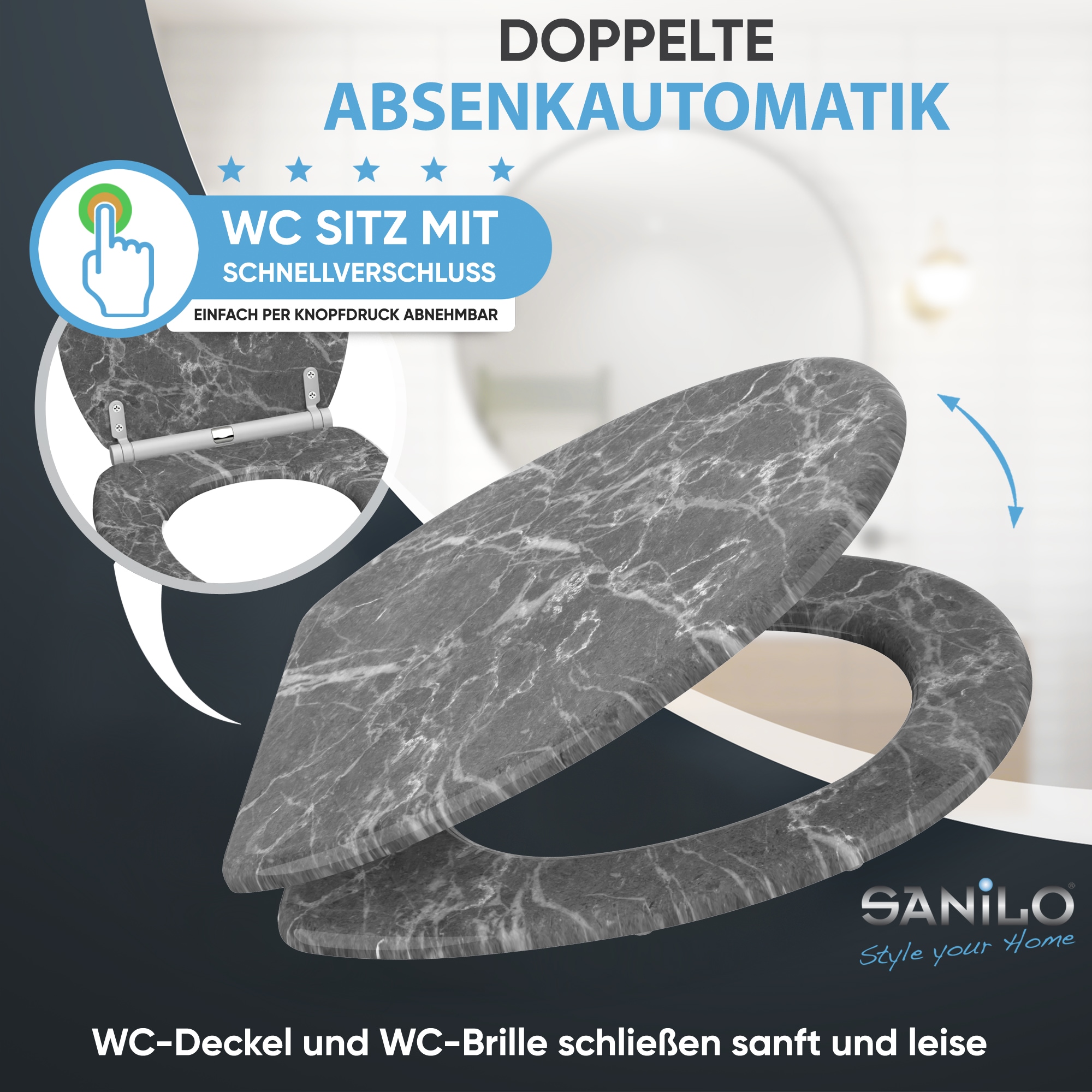 Sanilo WC-Sitz »Marmor Grau mit Absenkautomatik & Quick Release« Premium Toilettendeckel, abnehmbar, leichte Montage von oben