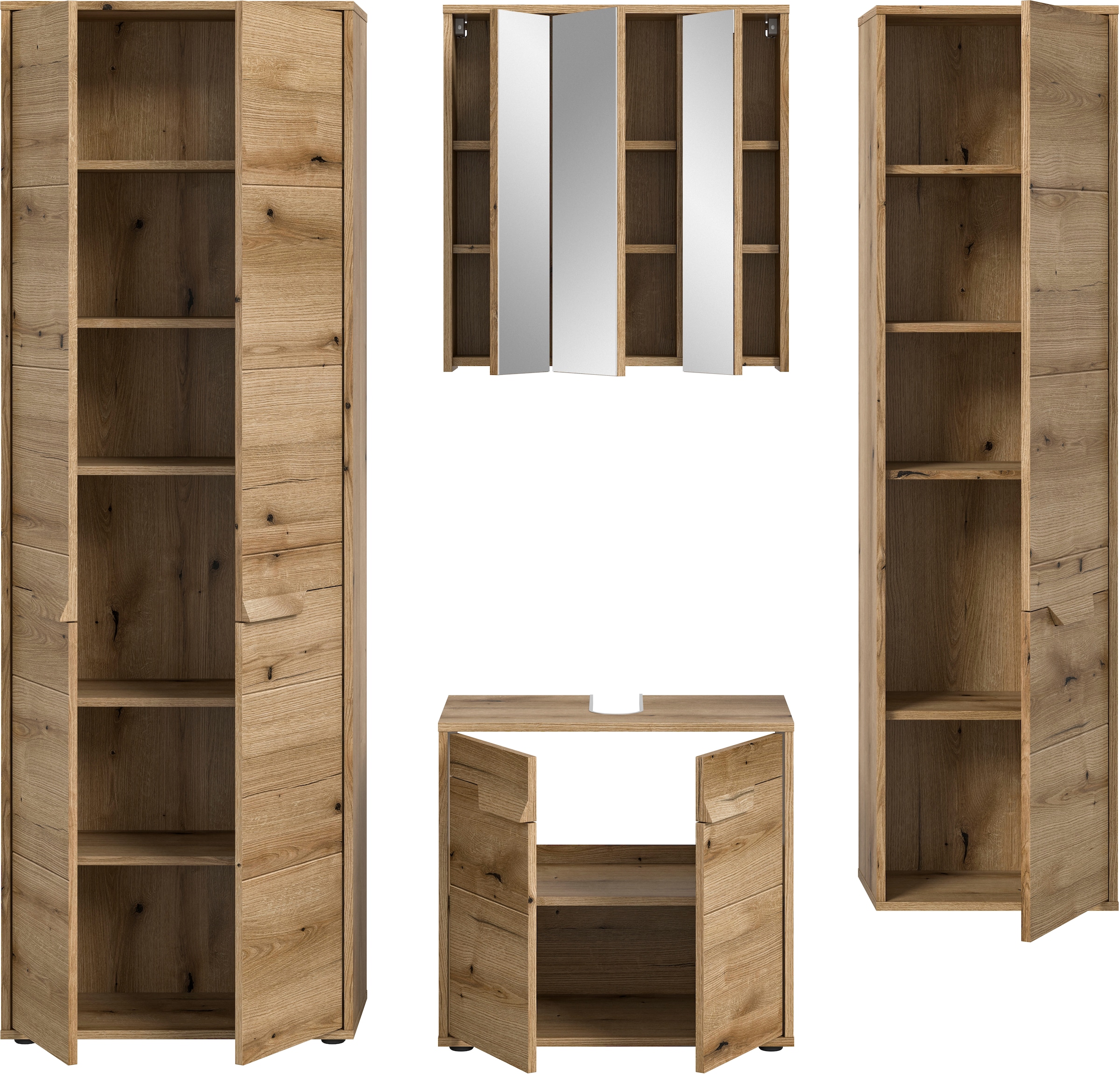 welltime Badmöbel-Set »Kayu, bestehend aus: 2 Hochschränken, Waschbeckenunterschrank,«, Spiegelschrank, hochwertige MDF Front mit Rillenfräsung, Bad, Bad Set