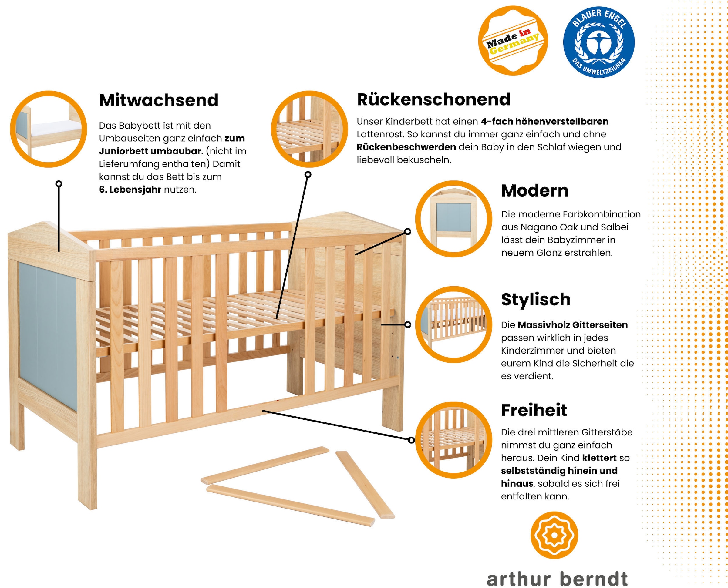 arthur berndt Babyzimmer-Komplettset »Babyzimmer-Set »Roofy« 3-teilig mit 2-türigem Kleiderschrank«, (Set, 3 tlg., Babymöbel-Set »Roofy« Kleiderschrank,Kinderbett+Wickelkommode)