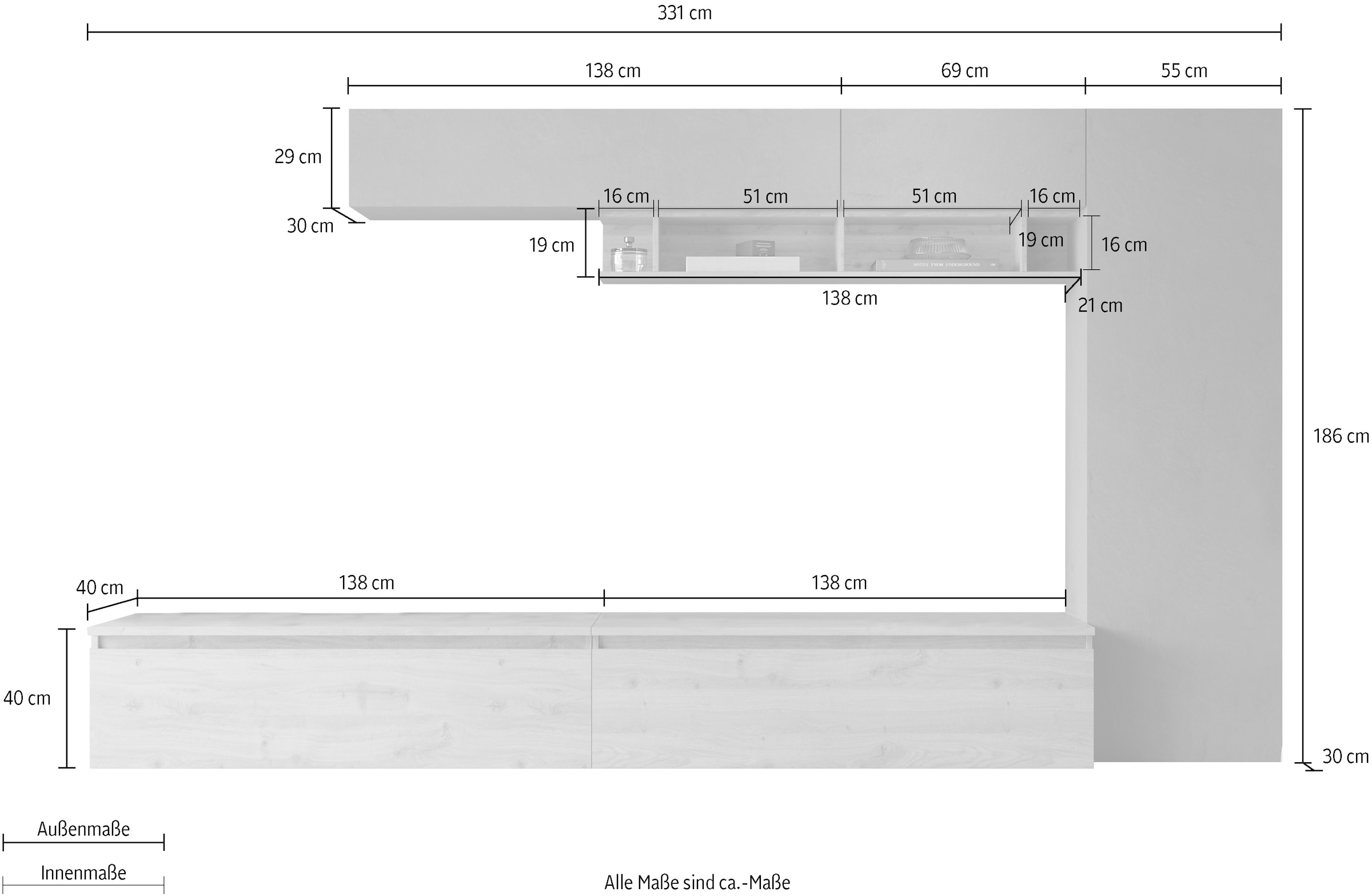 INOSIGN Wohnwand »INFINITY, 6tlg. Breite 331 cm, Höhe variabel, Schrankwand, Anbauwand«, (2x Lowboard, 2x Hängeschrank, Wandregal, Hochschrank)