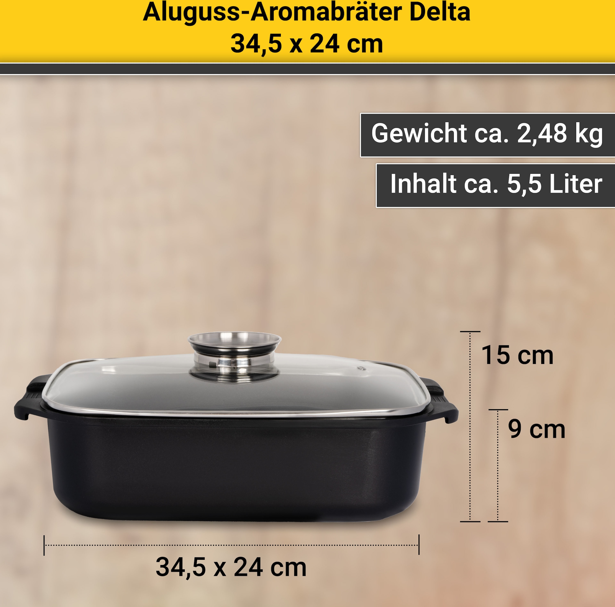 Krüger Bräter »Aluguss Aromabräter mit Glasdeckel und Aromaknopf DELTA, 34,5x24x9 cm«, Aluminiumguss, (1 tlg.), für Induktions-Kochfelder geeignet