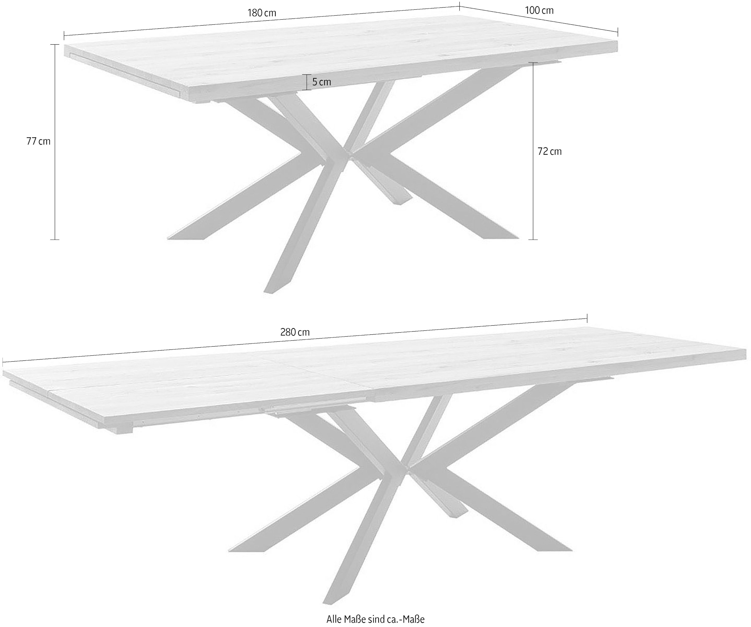 MCA furniture Esstisch »BARLETTA Auszugtisch 180-280 cm«, (Einzelstück), massiv,durchgehende Lamelle,aufgedoppelt,Metall,Tischplatte 5,0 cm