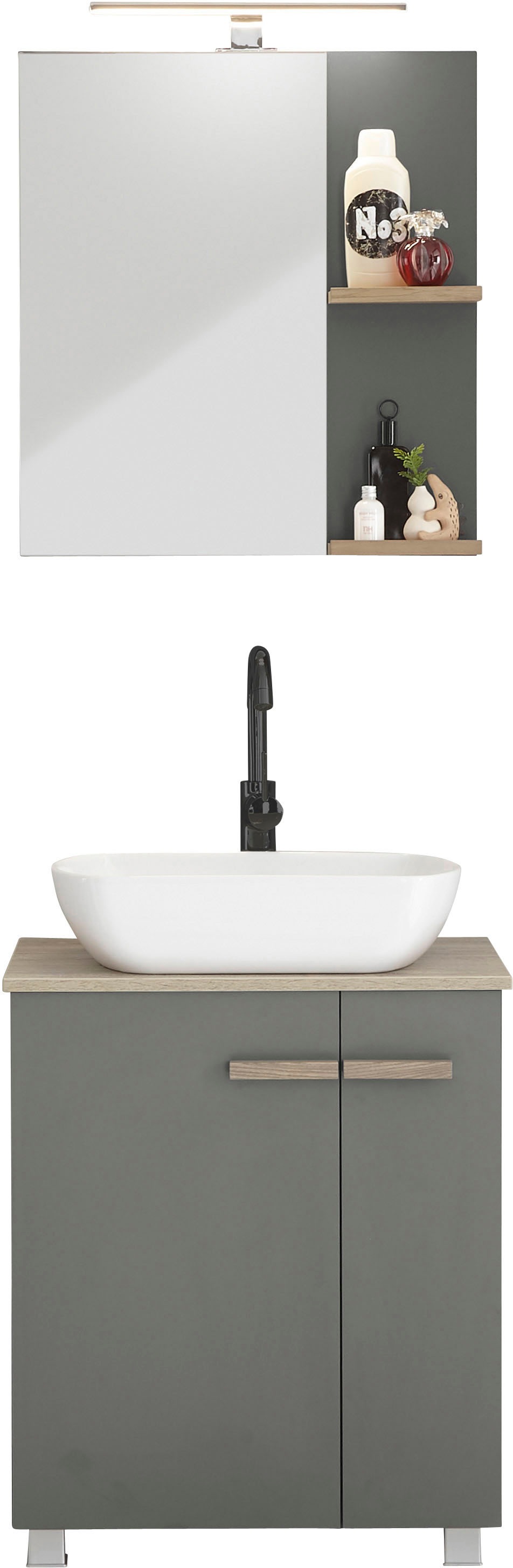 Places of Style Badmöbel-Set »SOLiD, Badmöbel-Set, Bad im modernen Design, 2-teiliges Badezimmer«, (2 St.), Waschtisch mit Waschbecken, Spiegel mit LED, Breite 60 cm