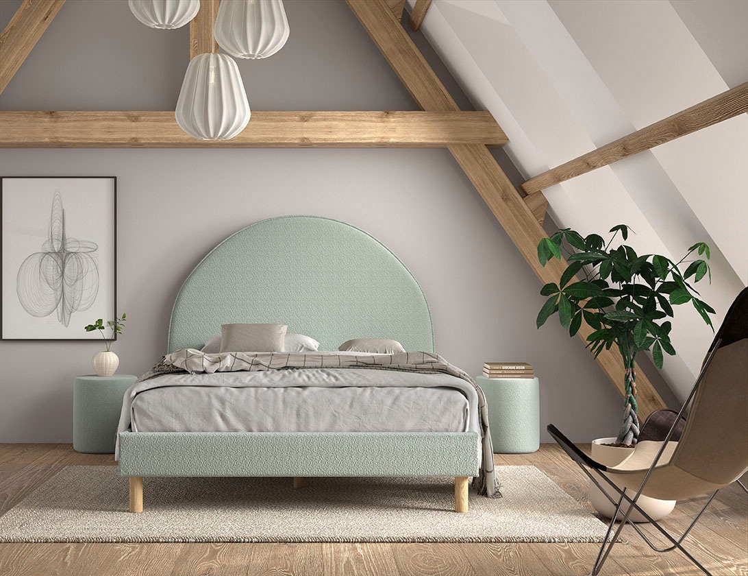 Vipack Schlafzimmer-Set »Moon, best. aus Polsterbett 140/200 und 2 Hocker/Nachttische« B/H/T ca. 147x132x212cm, bogenförmiges Kopfteil, Füße Massivholz,  inkl. Lattenrost, Bezug flauschiger Bouclé Stoff, wahlweise 4 Farben