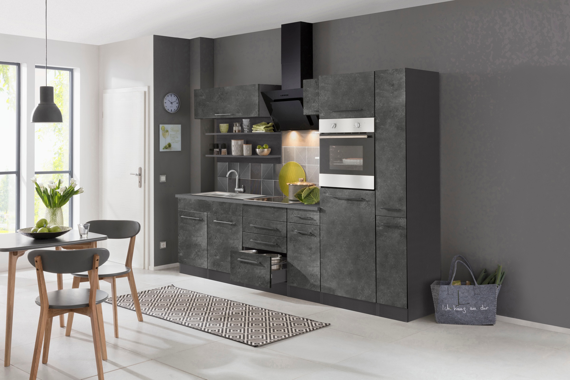 KOCHSTATION Küchenzeile »KS-Tulsa«, mit E-Geräten, Breite 300 cm, schwarze Metallgriffe, MDF Fronten