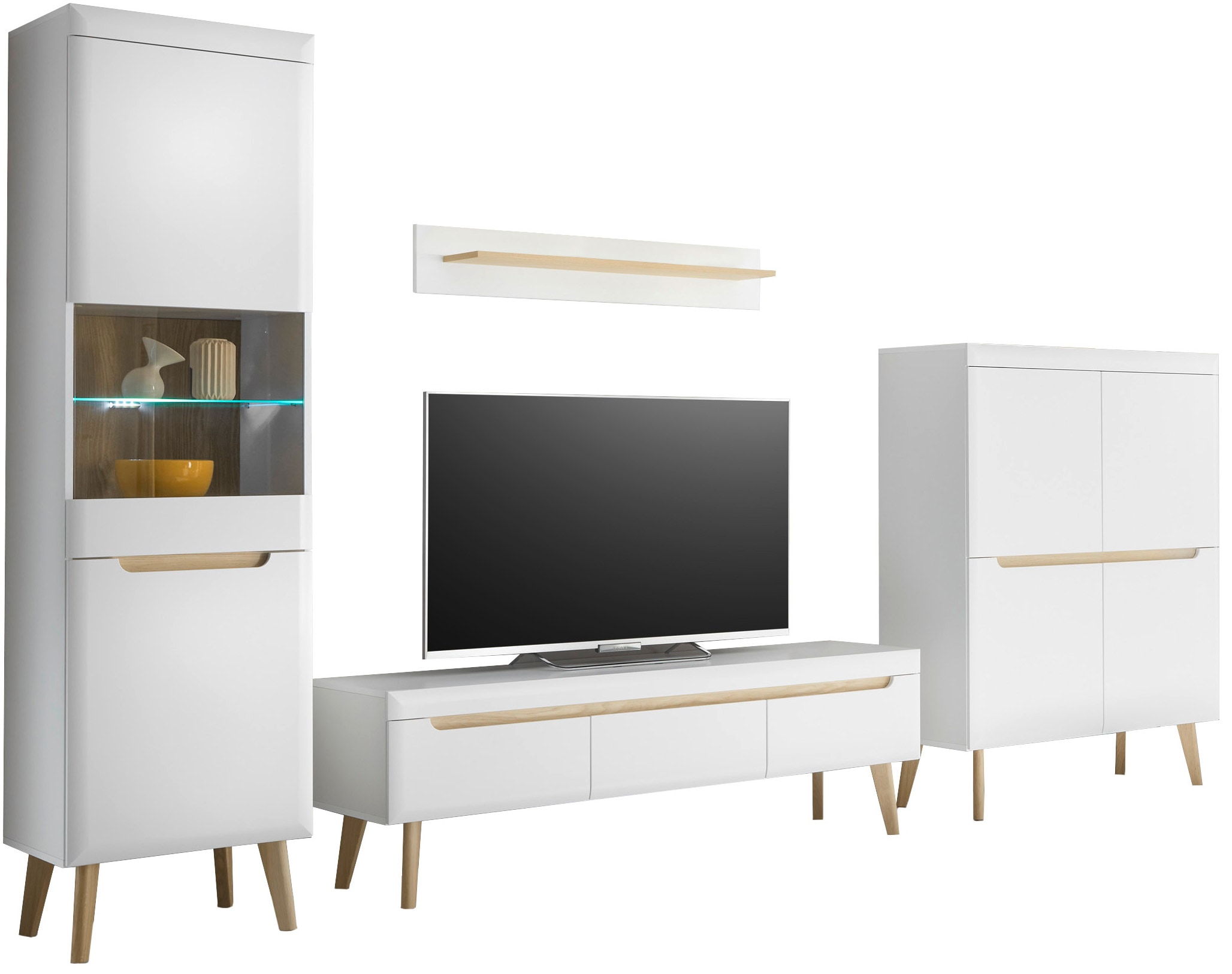 INOSIGN Wohnwand »Torge, Anbauwand, Schrankwand, Mediawand, Wohnzimmer-Set«, (Set, 4 St.), enthält 1 Vitrine, 1 Lowboard, 1 Highboard + 1 Wandboard, 360 cm breit