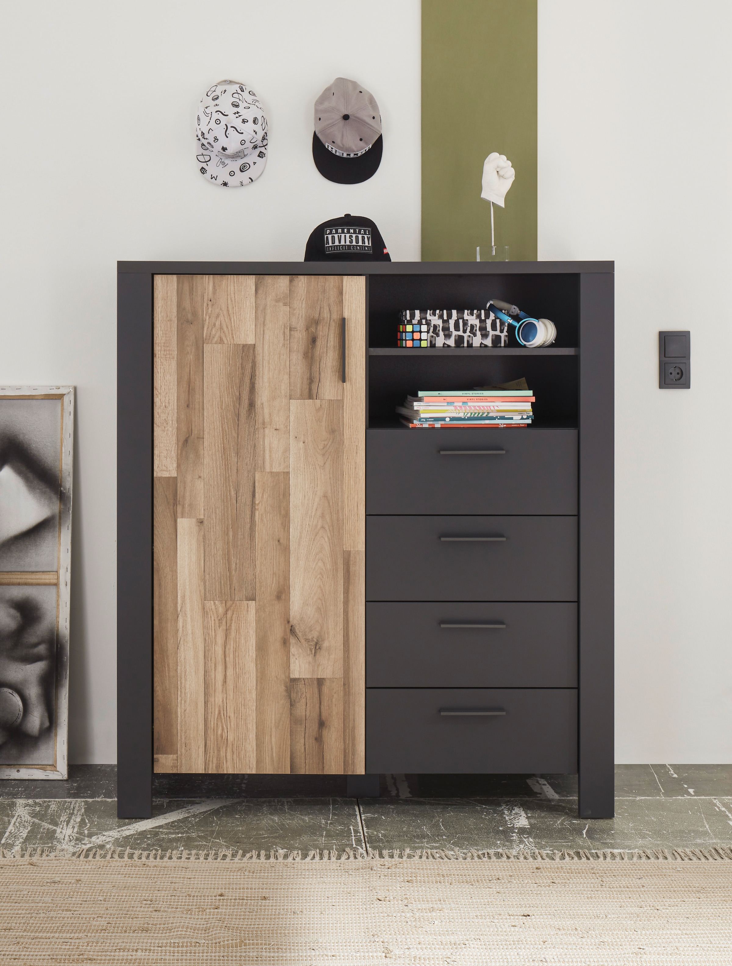 Begabino Schubkastenkommode »Dallas Hochkommode, Sideboard, Wäscheschrank«, mit Schubkästen, Schrank in Montana Oak-Graphit