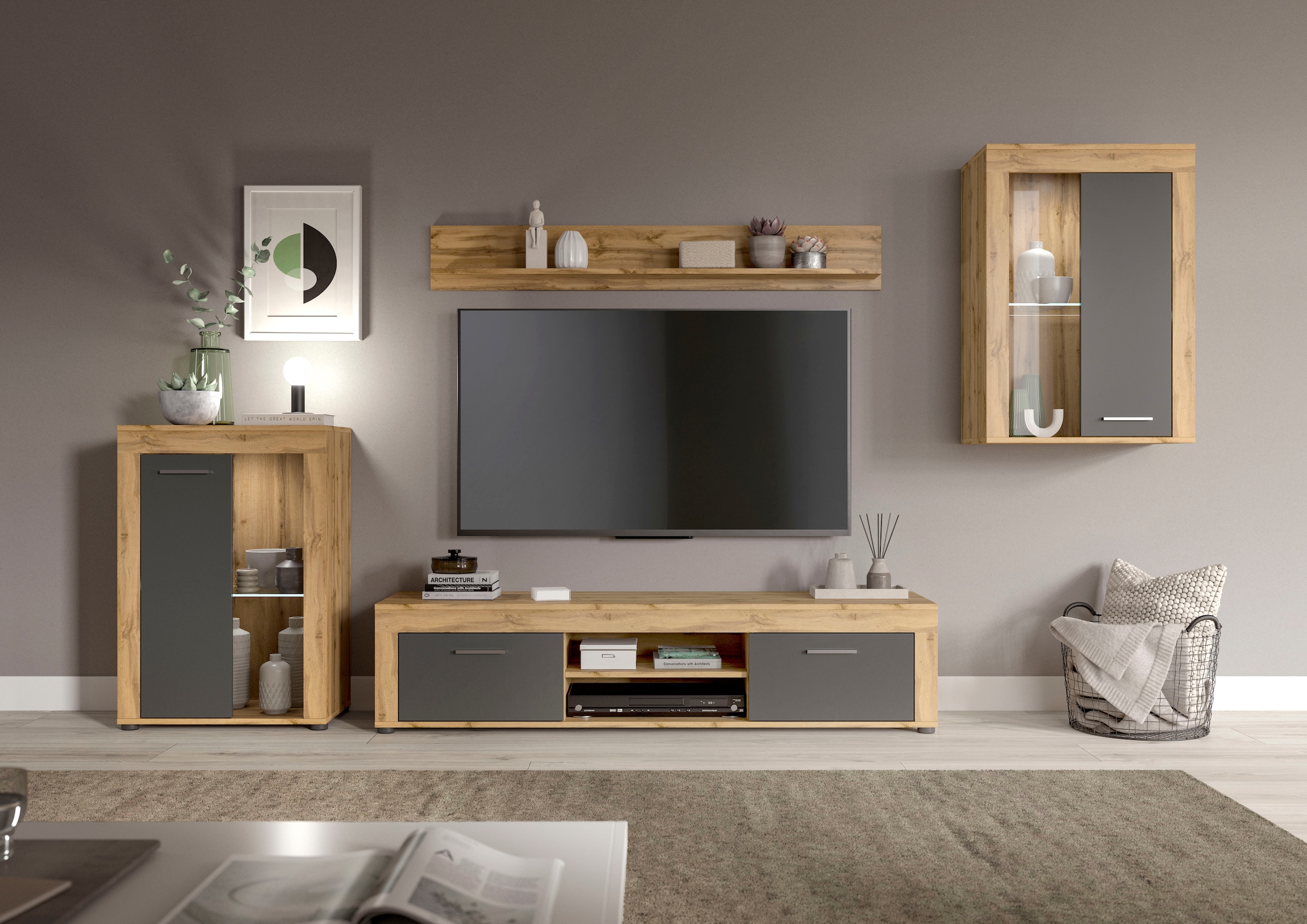 INOSIGN Wohnwand »Aosta, 4-tlg., bestehend aus: 2x Vitrine, Lowboard & Wand günstig online kaufen