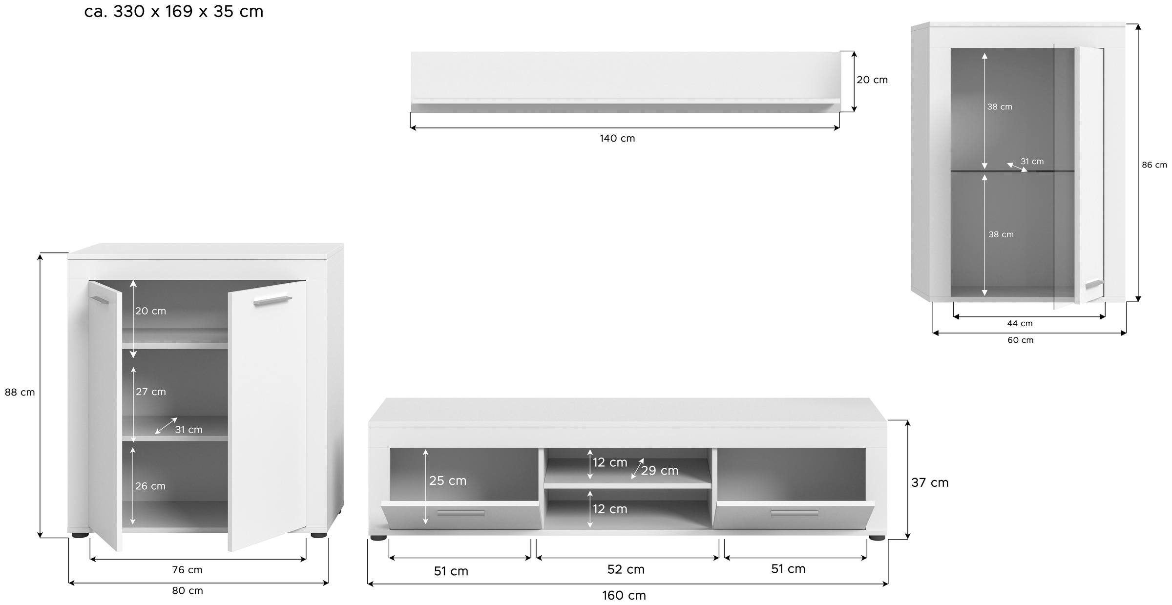 INOSIGN Wohnwand »Aosta, 4-tlg., best. aus: Highboard, Lowboard, Wandboard & Vitrine«, (4 St.), Wohnwand, Kombination, Anbauwand, Möbel Set, Schrankwand, Möbel Kombi