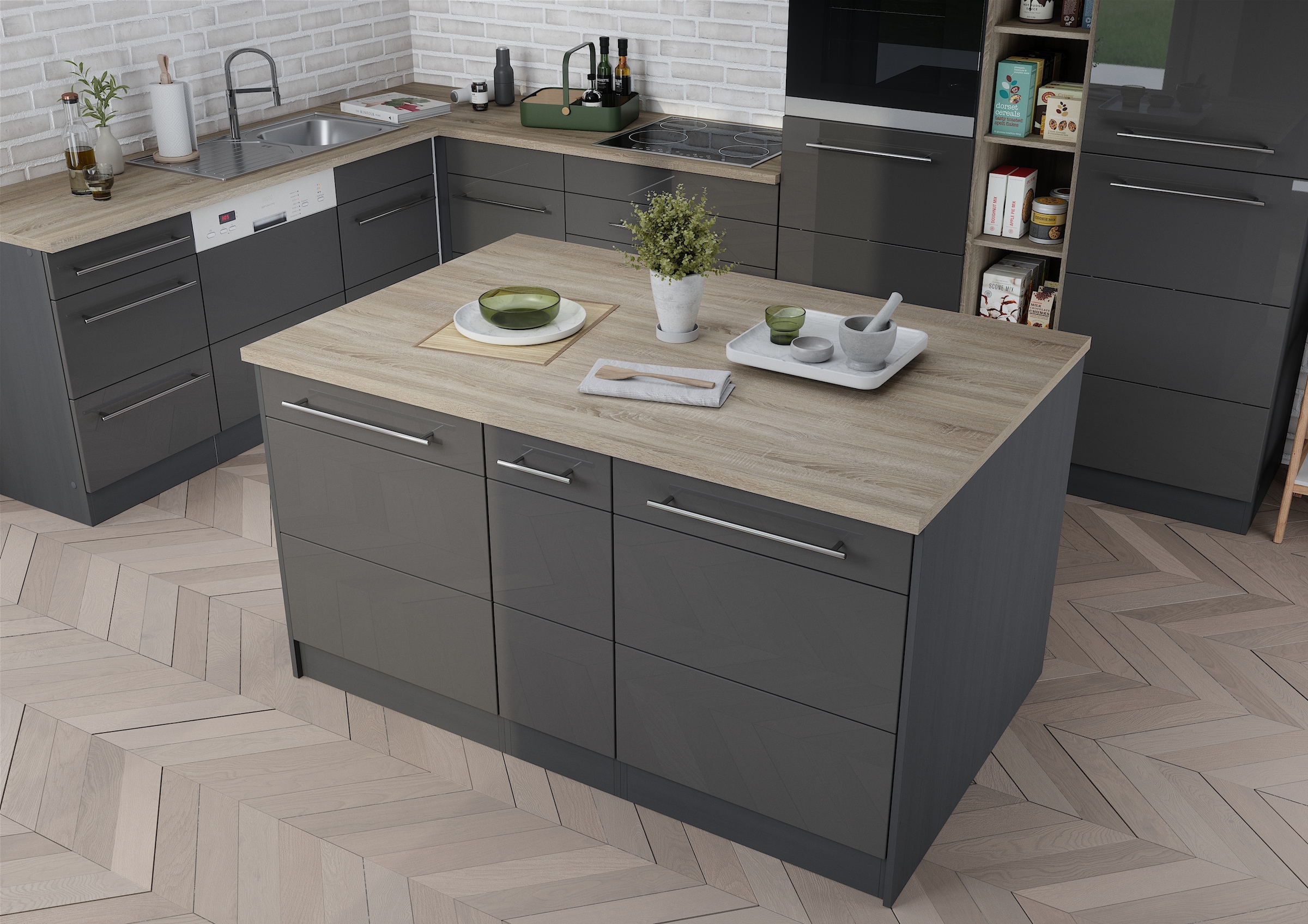 KOCHSTATION Kücheninsel »KS-Wien«, Breite 153 cm, MDF-Fronten, Flaschenregal