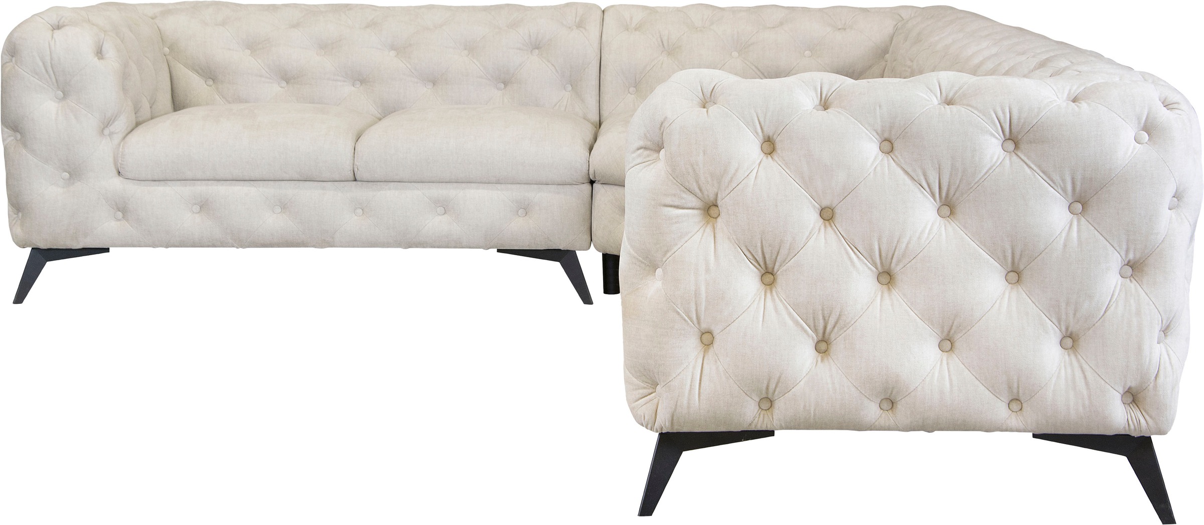 Leonique Chesterfield-Sofa »Ecksofa GLYNIS L-Form mit Wellenunterfederung, Maße B/T/H 323/264/75cm«, aufwändige Knopfheftung, moderne Chesterfield Optik, Fußfarbe wählbar
