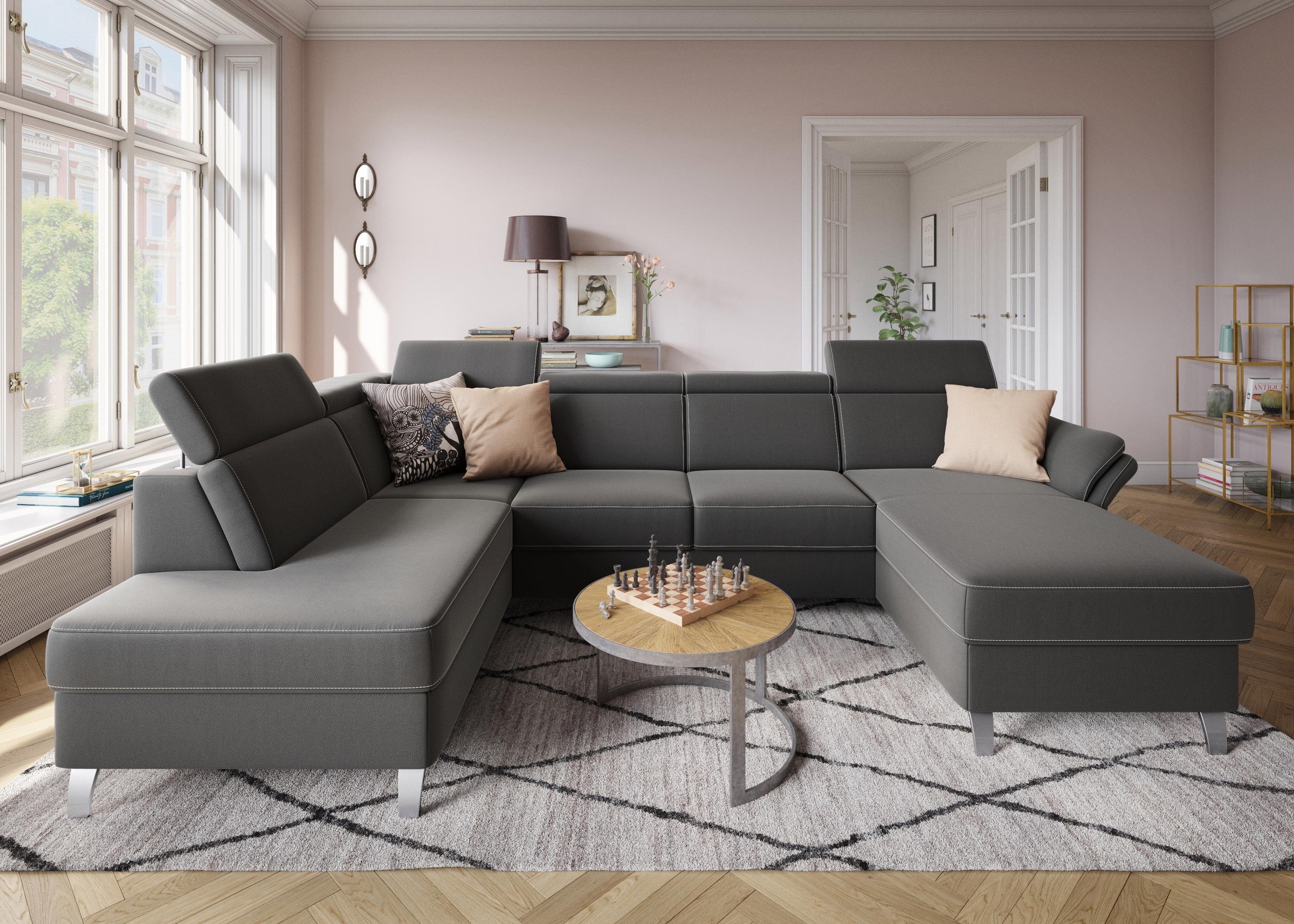 sit&more Wohnlandschaft »Vincenzo U-Form«, inklusive Kopfteilverstellung, wahlweise mit Bettfunktion, Bettkasten