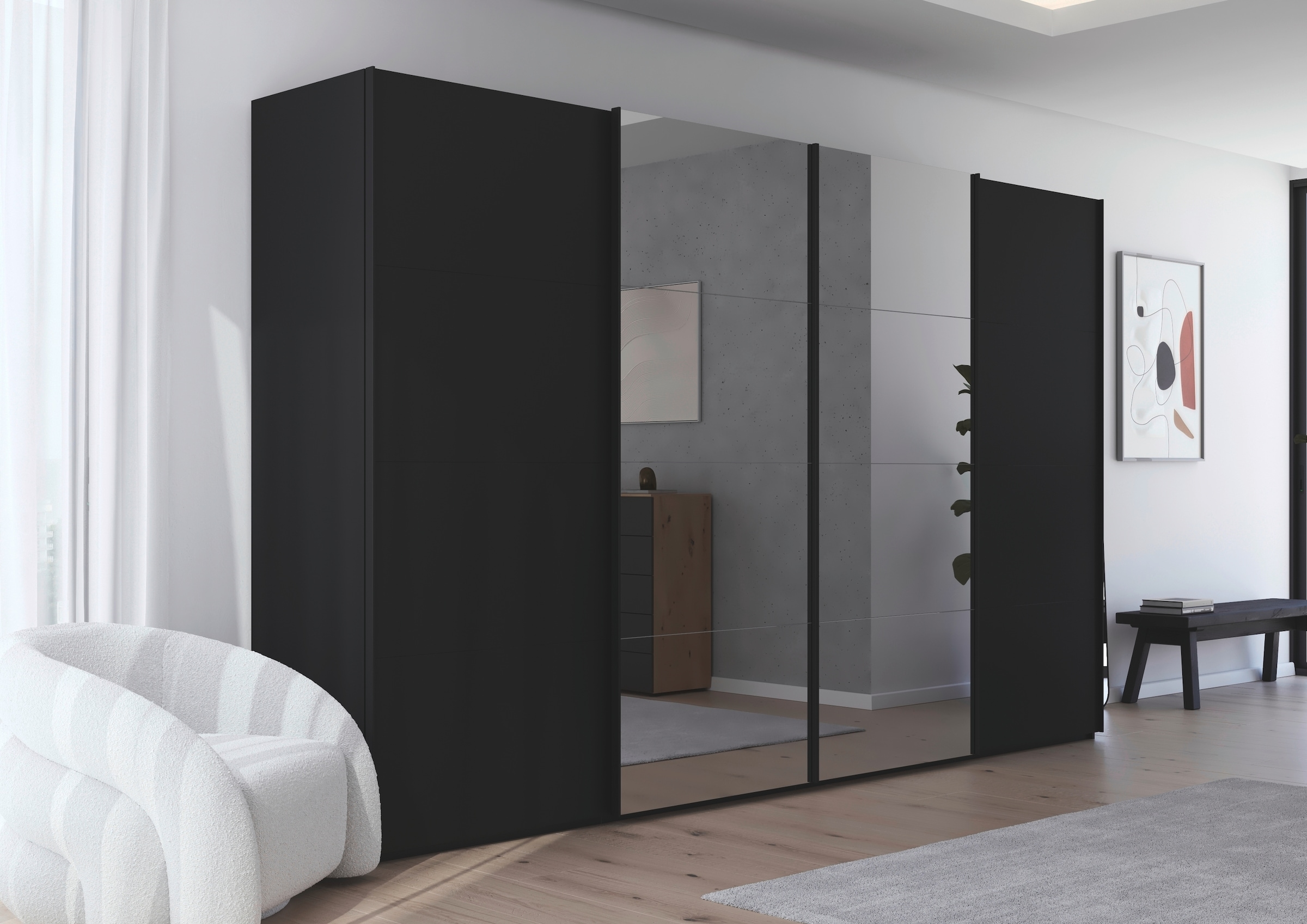 rauch Schwebetürenschrank »Kleiderschrank Schrank Garderobe Schlafzimmerschrank SCALE-FYRA«, edle viergeteilte Türen mit Spiegel und vielen Farben MADE IN GERMANY
