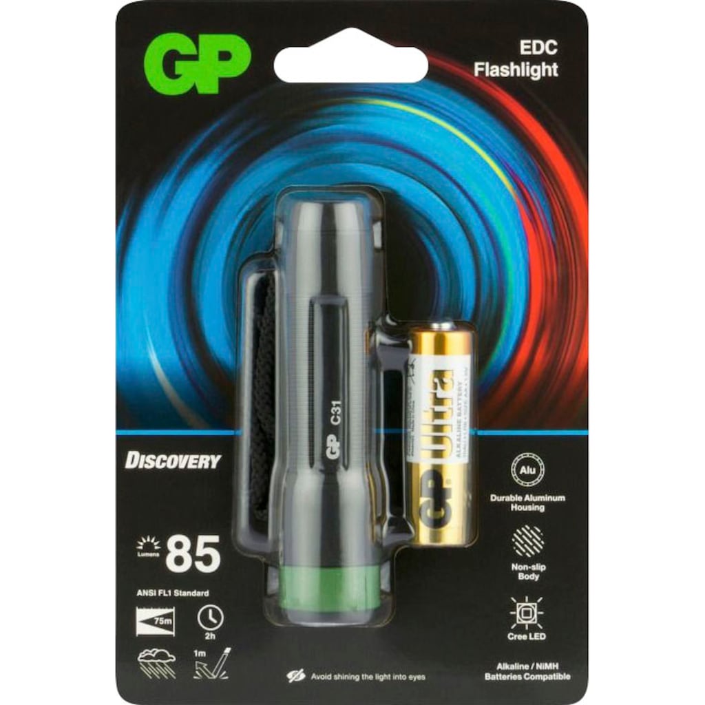 GP Batteries Taschenlampe »GP Discovery C31, CRE LED GP«, 85 Lumen, inkl. 1x AA Batterie, Metallgehäuse, IPX4, Leuchtzeit 2h