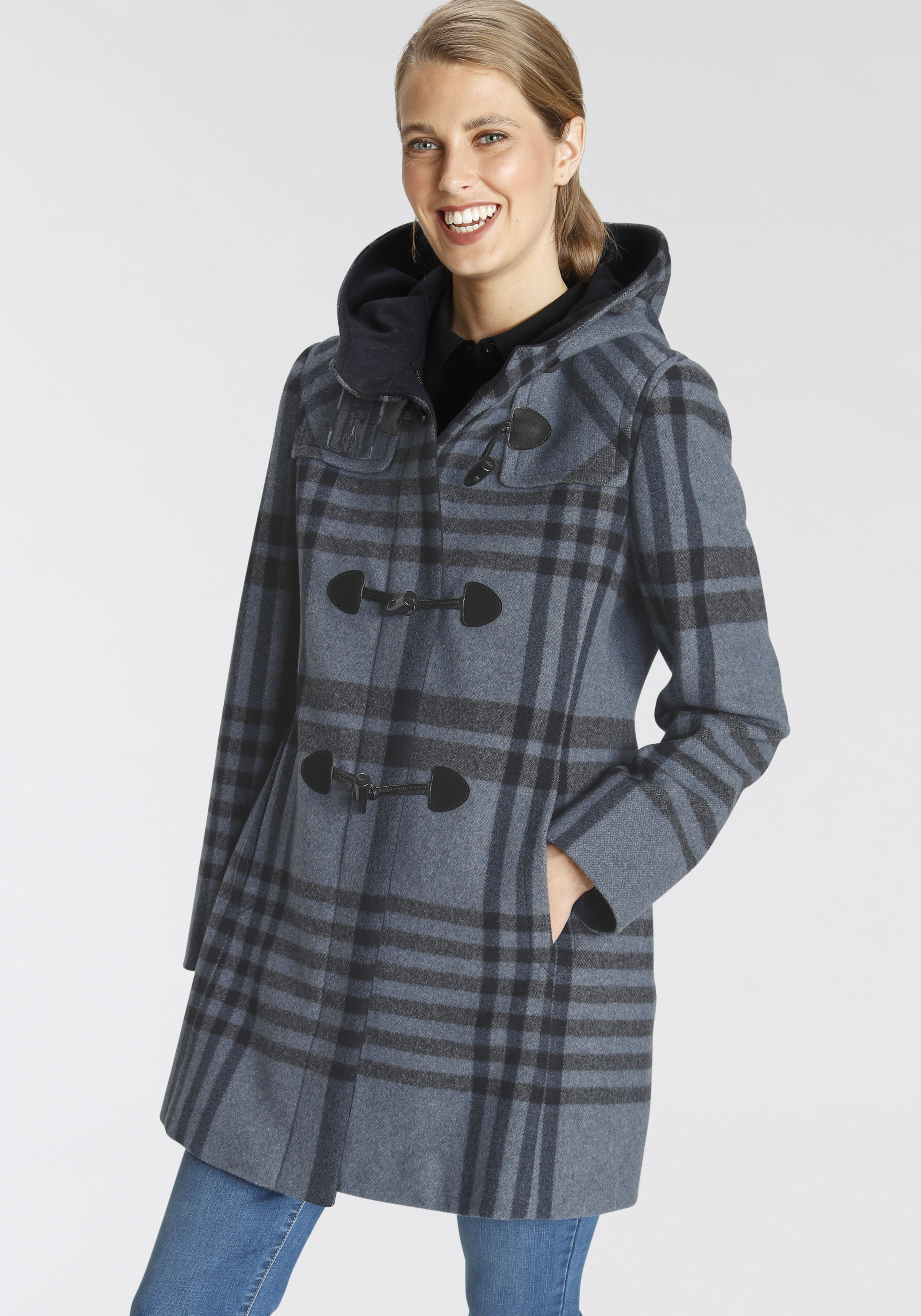 Dufflecoat, mit Wollanteil und großem Karomuster, Made in Europe