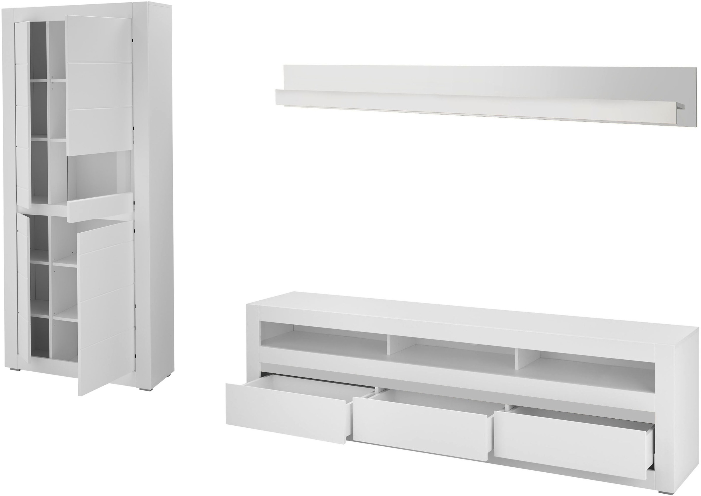 INOSIGN Wohnwand »Anbauwand in Weiß Matt, Wohnzimmer-Set mit austauschbarer Blende«, (Set, 3 St.), enthält Vitrine, Lowboard, Wandboard, zeitloses Design, 312 cm breit