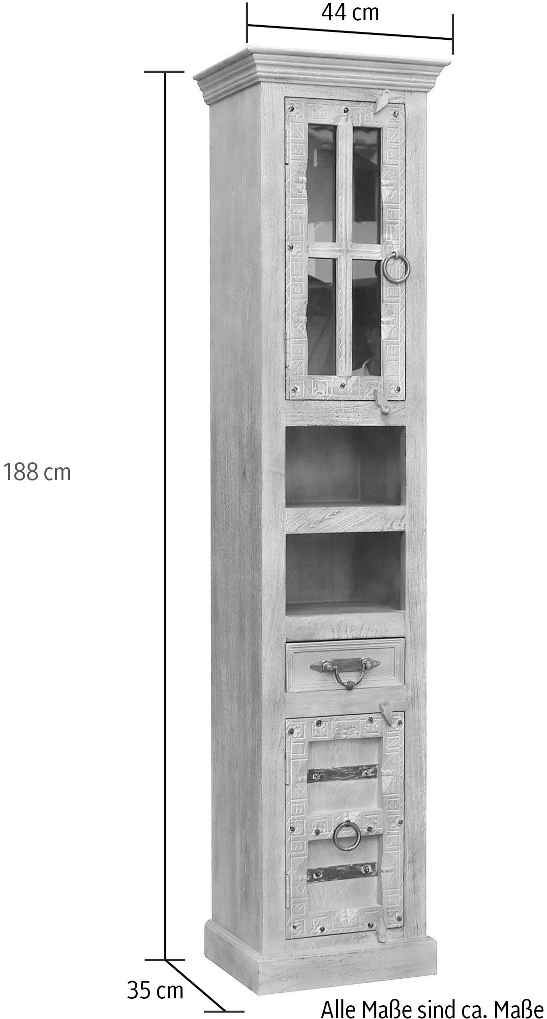 SIT Vitrine »Daipur mit Glastür und 1 Schubkasten. 2 offen Fächer«, geschnitzte Verzierungen, Breite 44/Höhe 188 cm