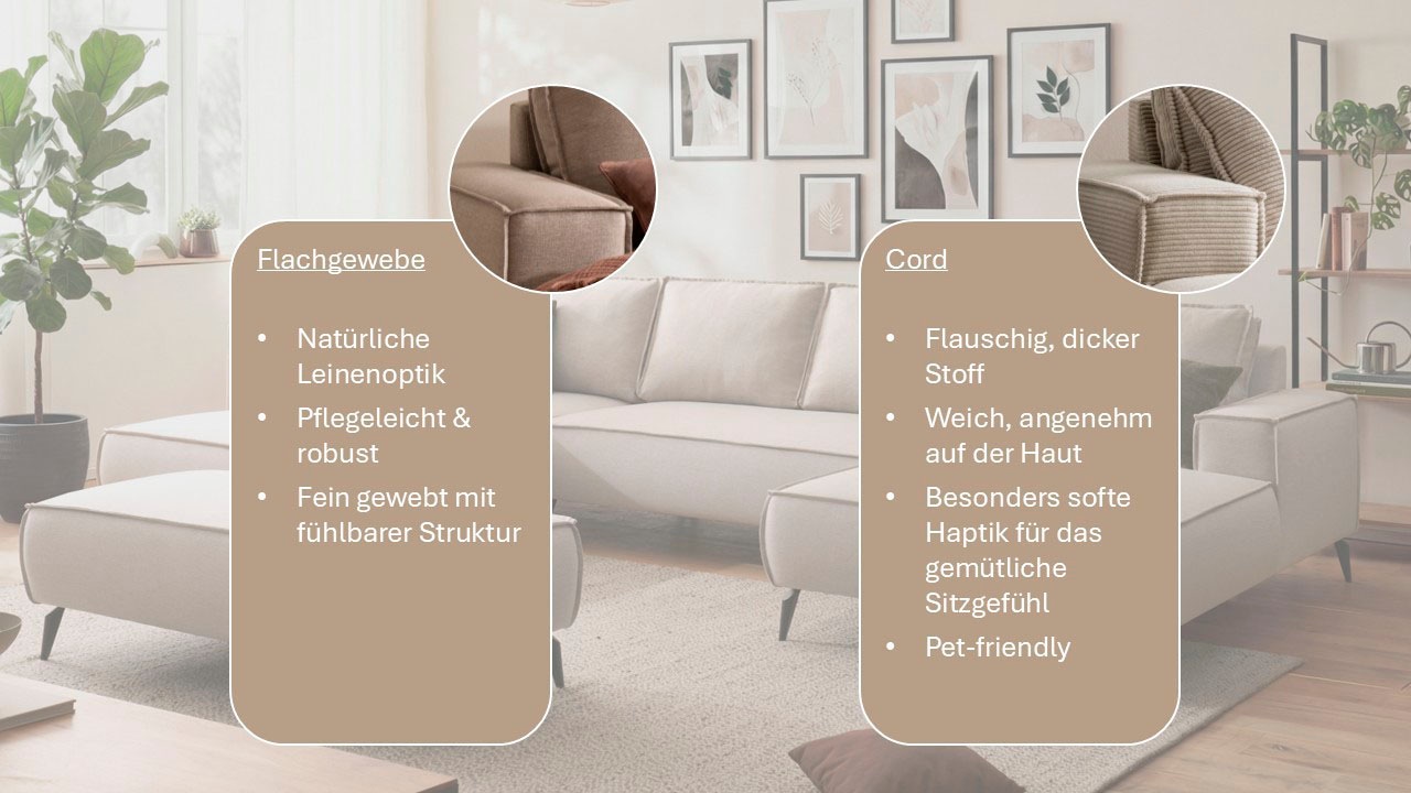 Home affaire Wohnlandschaft »Tvinnu, moderne U-Form, Couch in Cord oder Webstoff in Leinenoptik« Recamiere rechts/links, schwarze Metallfüße, bequeme Sitz-/Liegefläche