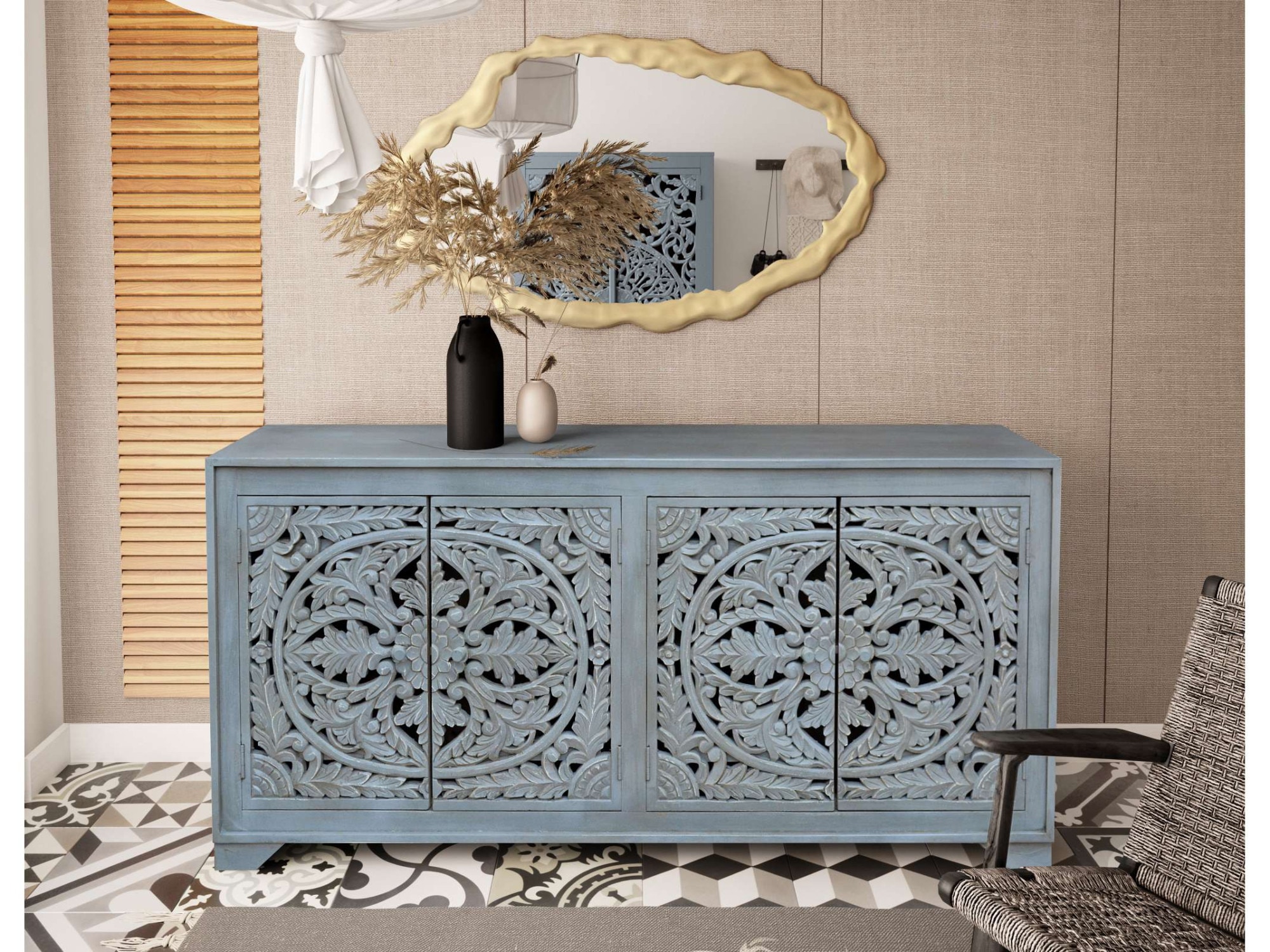 Home affaire Sideboard »Kenmare«, Kommode aus Mangoholz, dekorative Schnitzereien, Breite 170 cm