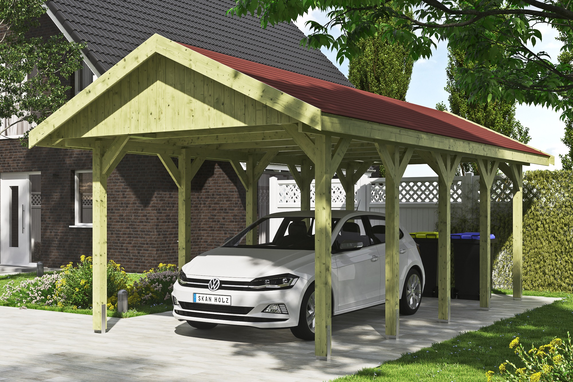 Skanholz Einzelcarport »Wallgau«, Nadelholz, 291 cm, Grün, 380x750cm, rote Schindeln