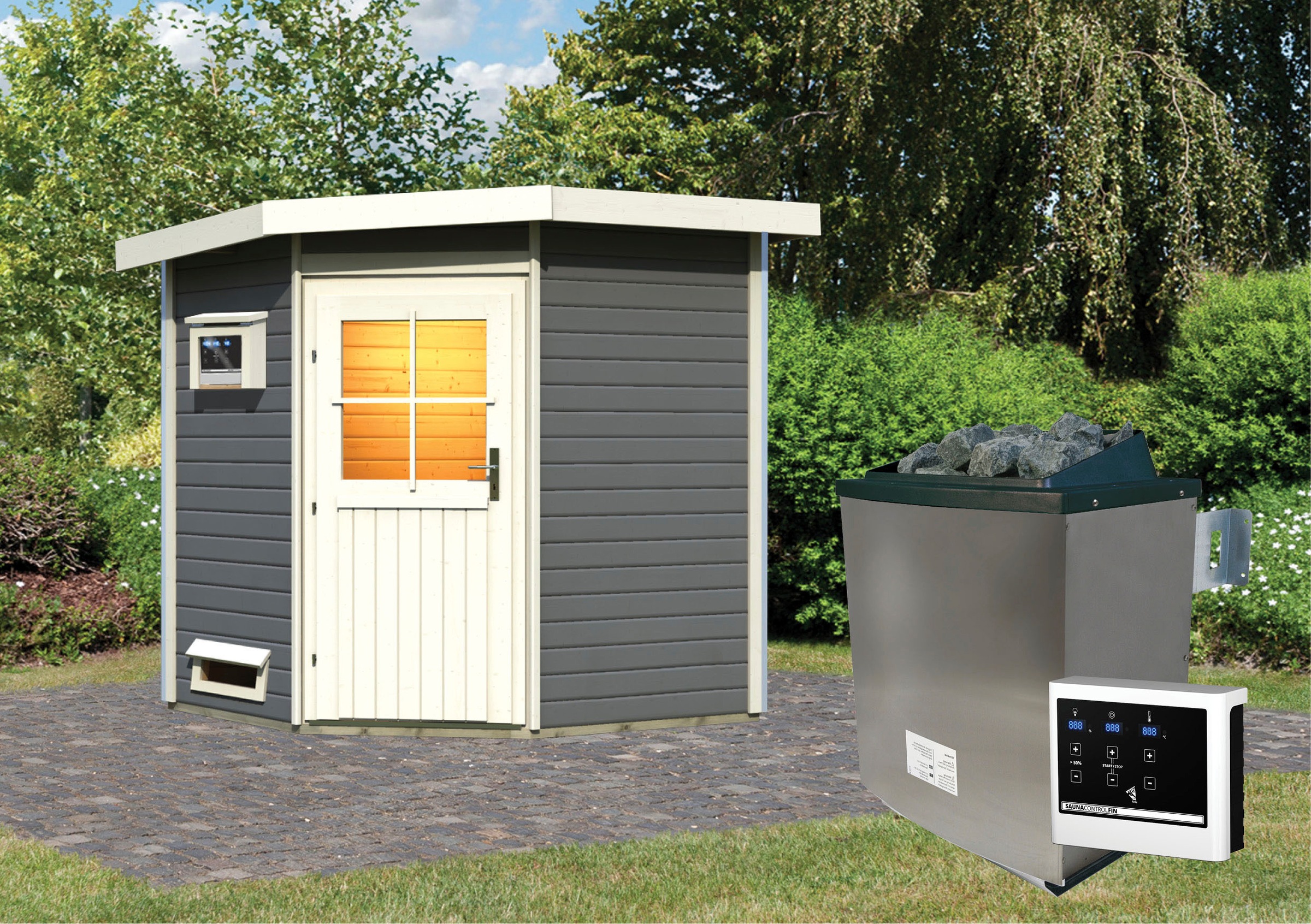Karibu Saunahaus »Fiete«, klassiche Tür, Ofen 9 KW externe Strg easy