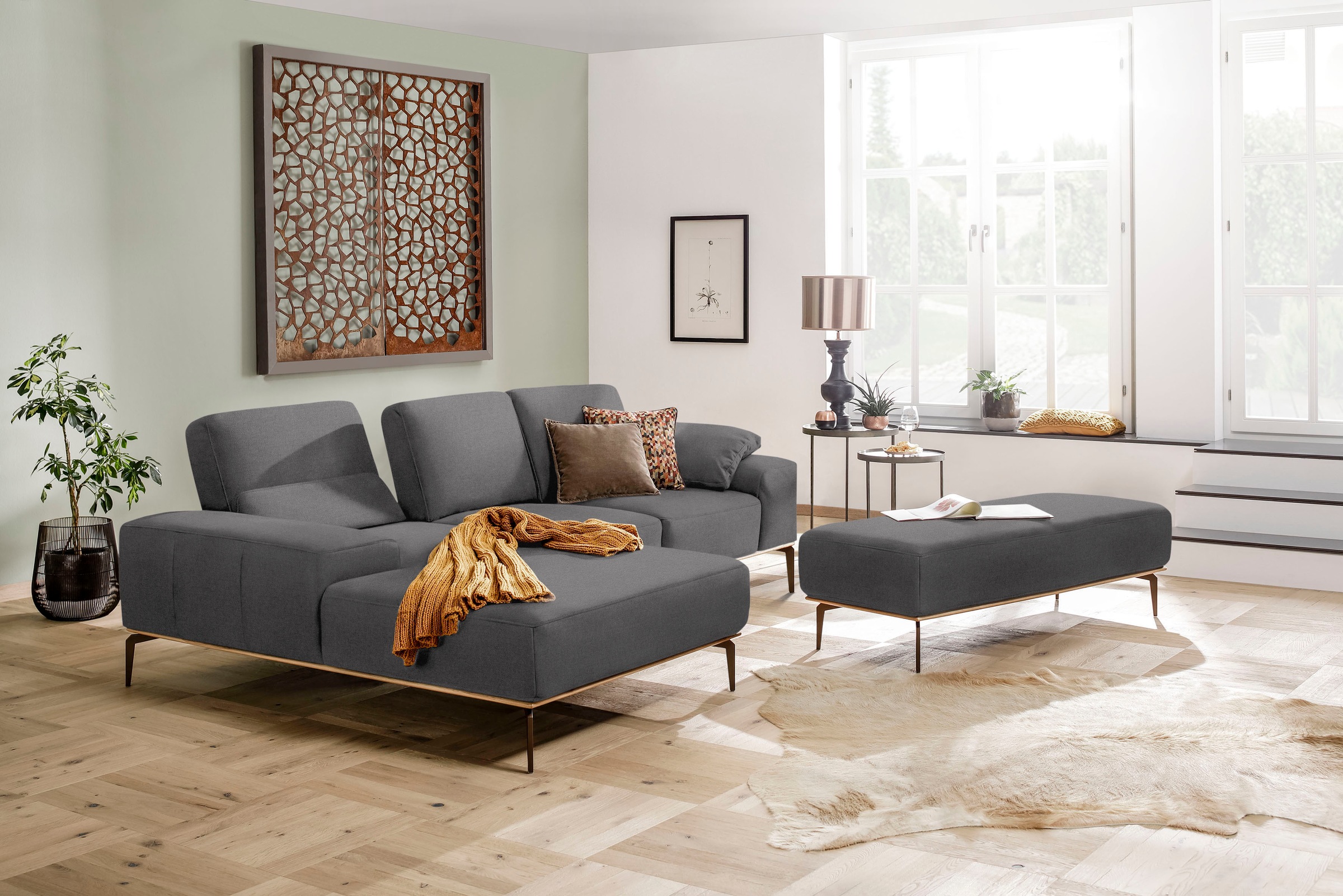 W.SCHILLIG Ecksofa »run, Designsofa mit tollem Sitzkomfort, bequem, L-Form«, mit Holzsockel, Füße in Bronze pulverbeschichtet, Breite 279 cm