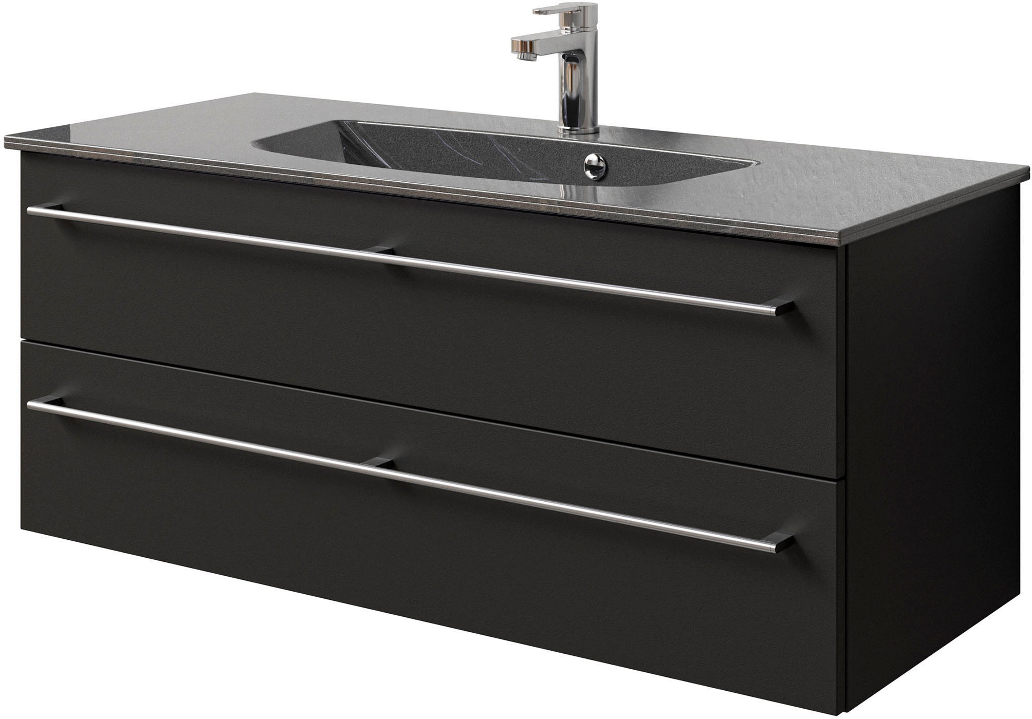 Saphir Badmöbel-Set »Serie 6025 2-teilig Mineralmarmor-Waschtisch mit LED-Spiegelschrank«, (2 St.), Waschplatz 117cm breit, 2 Schubladen, 3 Spiegel-Türen, inkl Türdämpfer