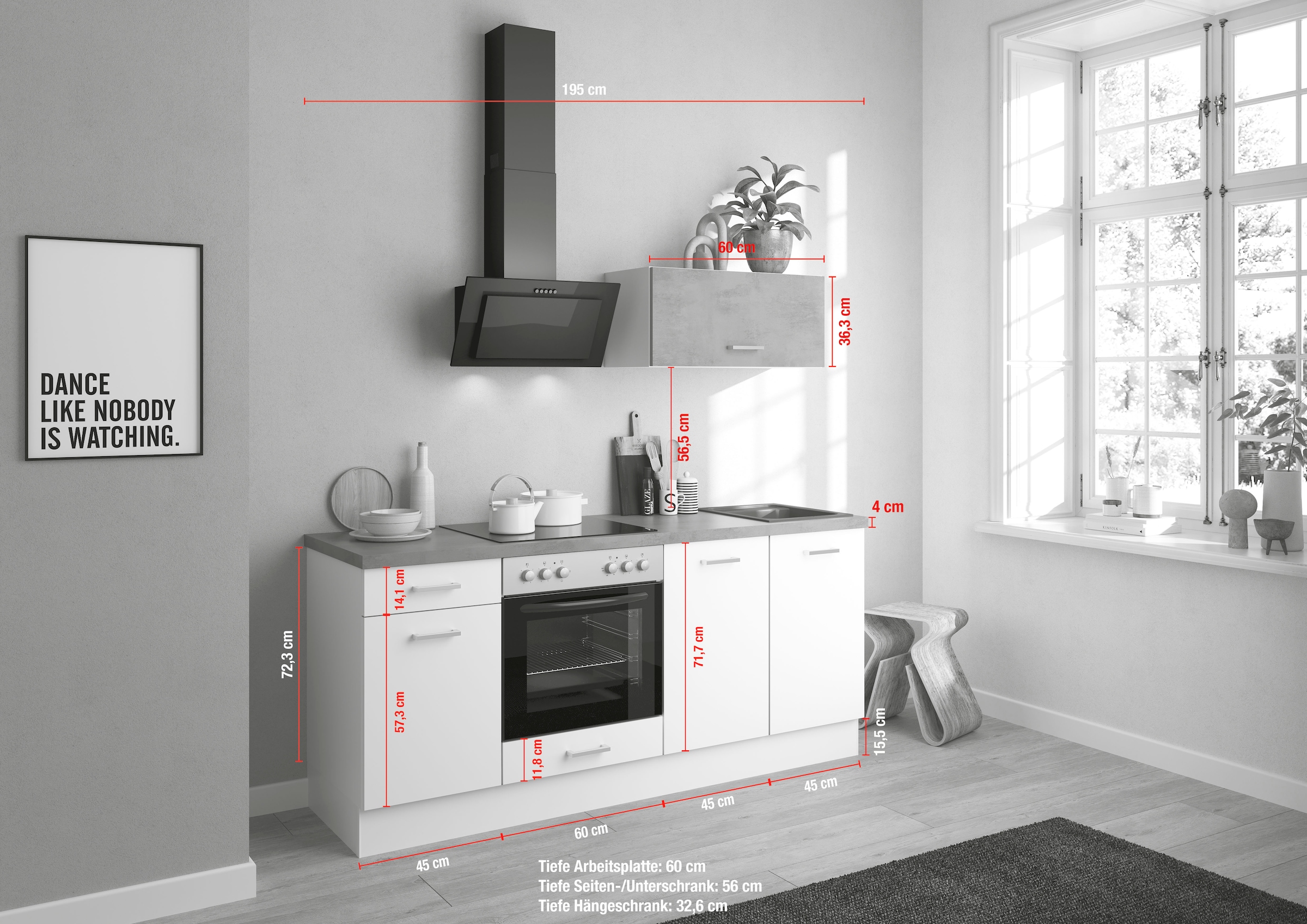 IMPULS KÜCHEN Küchenzeile »"Lissabon", Ausrichtung wählbar, Schubkästen mit Soft-Close,«, (Set), vormontiert, wahlweise mit E-Geräten, mit Vollauszug, Breite 195 cm