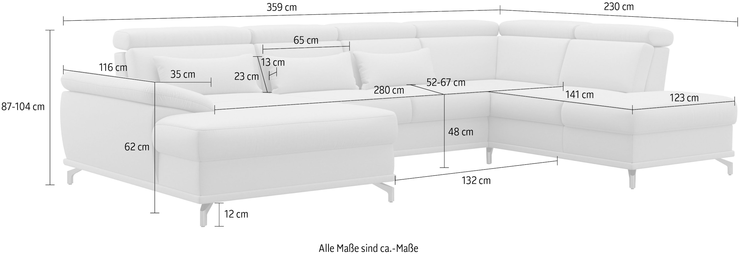 sit&more Wohnlandschaft »Cabrio U-Form, mit Sitztiefenverstellung, Arm- und Kopfteilverstellung«, 3 Nierenkissen, Federkern, optional Bettfunktion und Stauraum