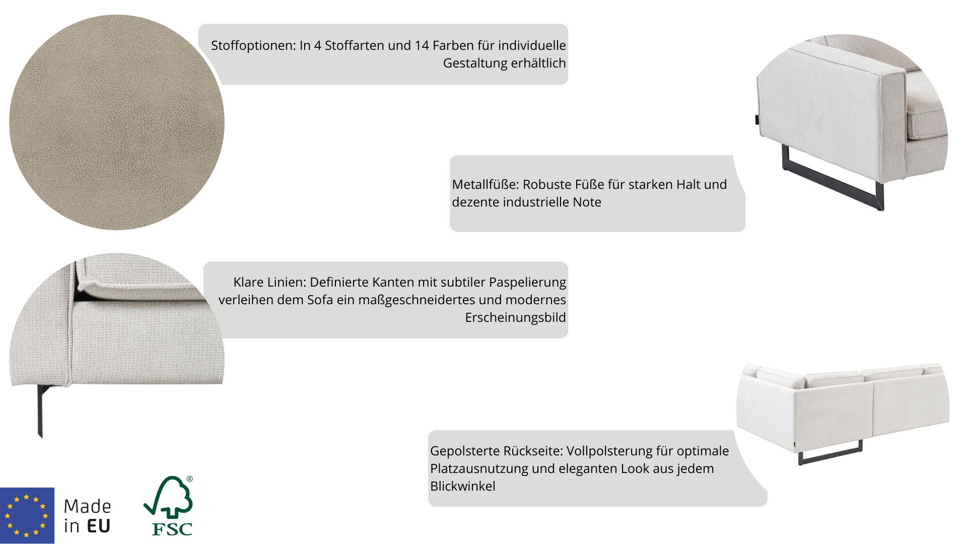 Places of Style Loveseat »Pinto 105 cm, Cord, Chenille, Lederoptik«, mit Keder, Metallfüßen und auch in Cord Bezug erhältlich