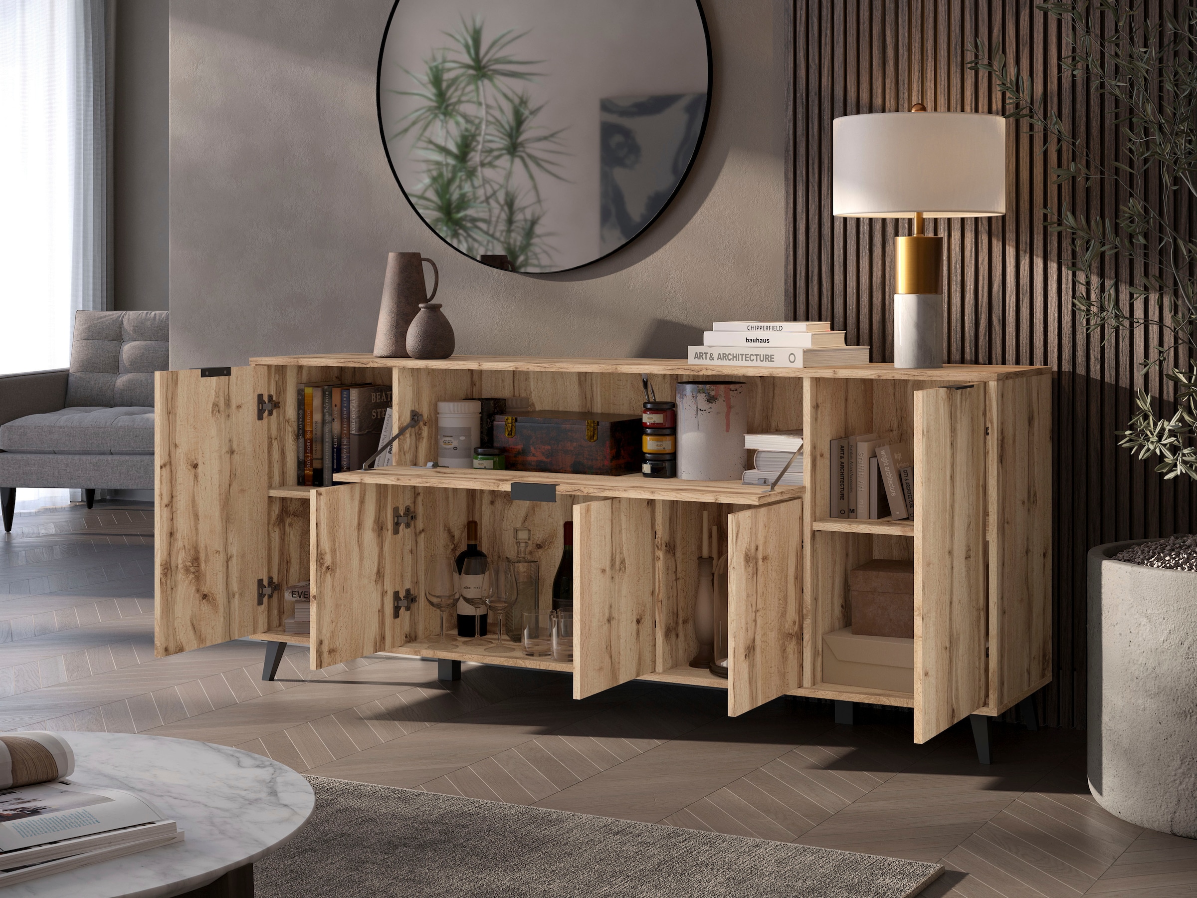OTTO home Sideboard »Oslo, B/H/T: 180/76/39,5 cm« Push-to-open-Funktion, schwarze Metallgriffe, viel Stauraum