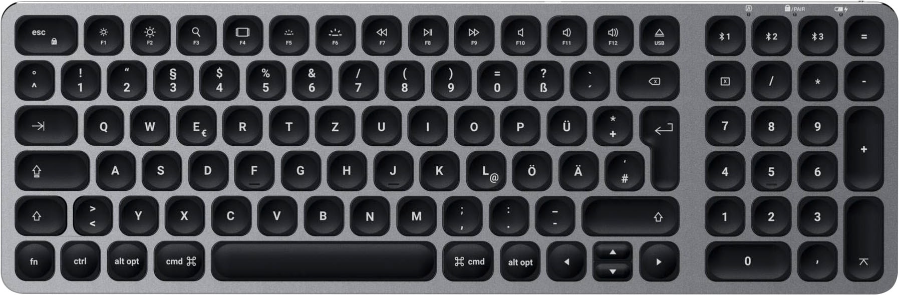 Satechi Tastatur »Aluminium BT Backlit Keyboard Slim German«, (Ziffernblock-Funktionstasten-Lautstärkeregler-USB-Anschluss)