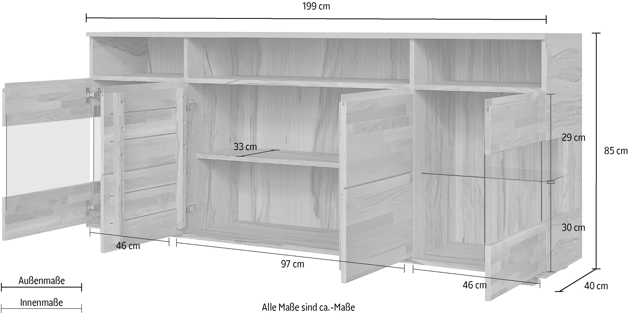 OTTO home Sideboard »VETRO Teilmassiv, Fronten Massivholz, Wohnzimmer, Stauraum,Griffmulde« B/T/H:199/40/85cm, 3 offene Fächer, 6geschlossen Fächer, Stauraum