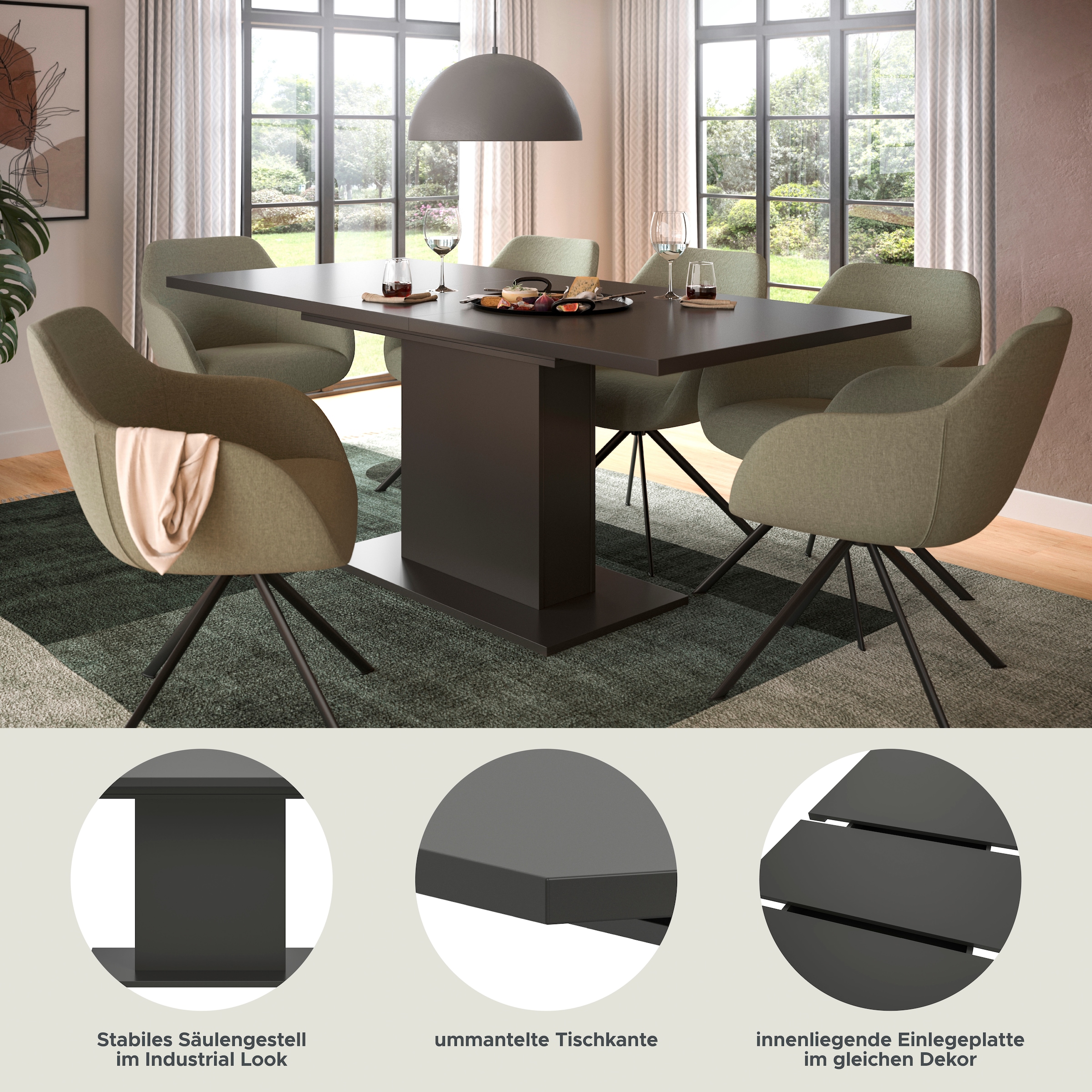 INOSIGN Esstisch »Motus, ausziehbar 150 -190 cm, inklusive 40 cm Einlegeplatte«, (Set, 1 St.), Säulengestell mit Bodenplatte, Tisch, Küchentisch, Esszimmer, Küche