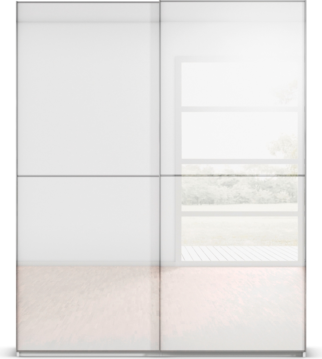 rauch Schwebetürenschrank »Kleiderschrank Schrank Garderobe Schlafzimmerschrank SCALE-DUO«, edle zweigeteilte Türen Glas-Front mit 3 Zierleisten MADE IN GERMANY