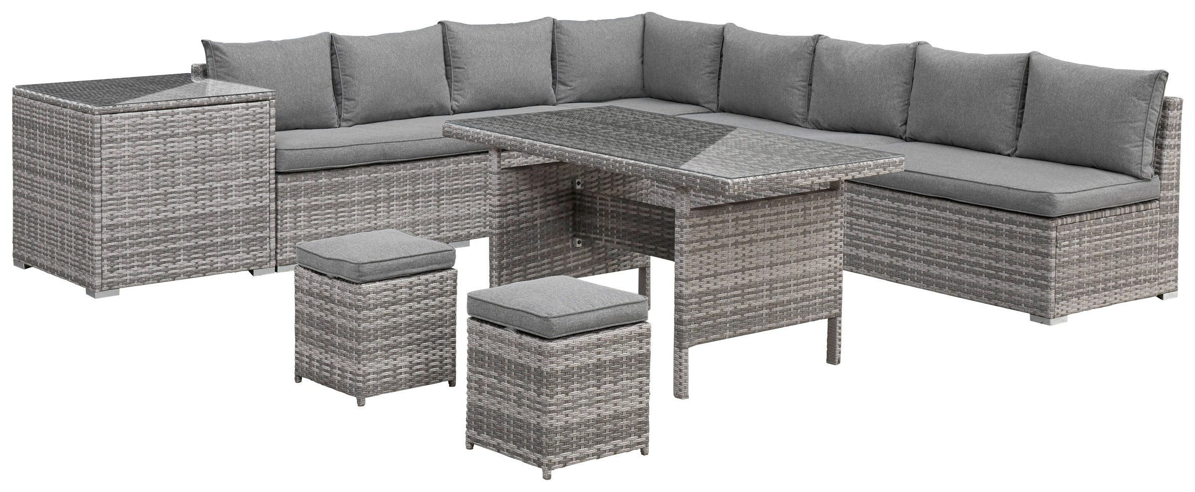 KONIFERA Gartenlounge-Set »Kalamos«, (Set, 23 tlg., 3er-Sofa, 2x 2er Sofa, Ecksofa, 2x Hocker, 2x Tisch, inkl. Auflagen), Polyrattan, Aluminium, 10 Personen, individuell aufstellbar