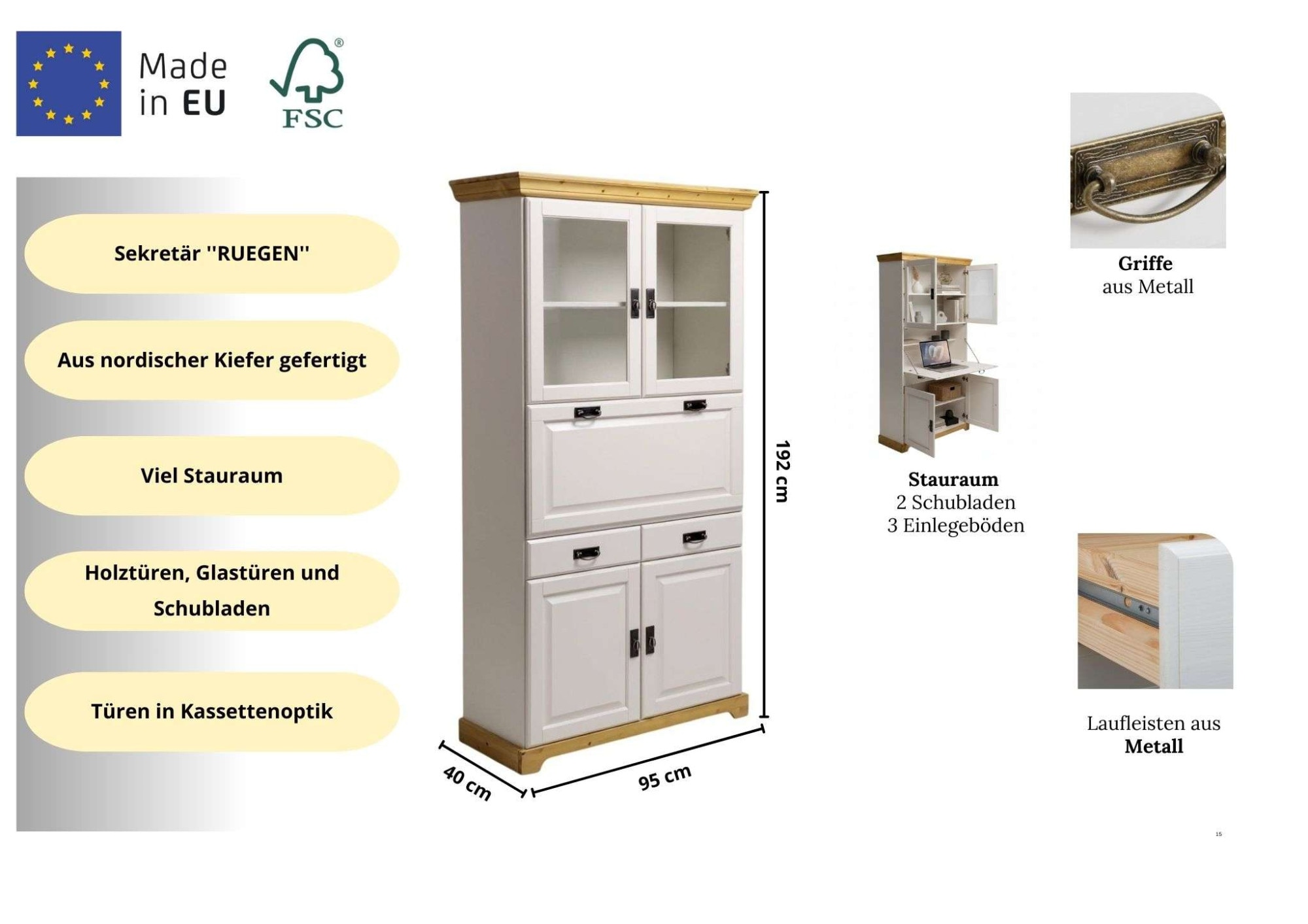 OTTO home Sekretär »Rügen« aus massiver Kiefer, Breite 94 cm, made in EU