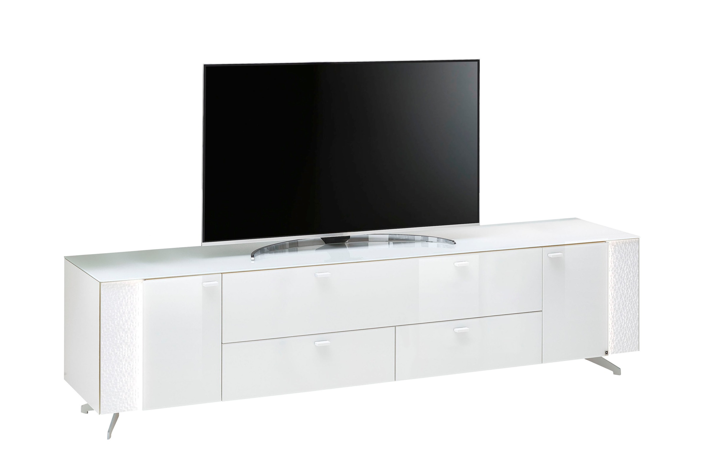 LEONARDO Lowboard »AUREA« mit Pailletten-Akzent, wahlweise mit Beleuchtung Lack weiß/Paillette weiß