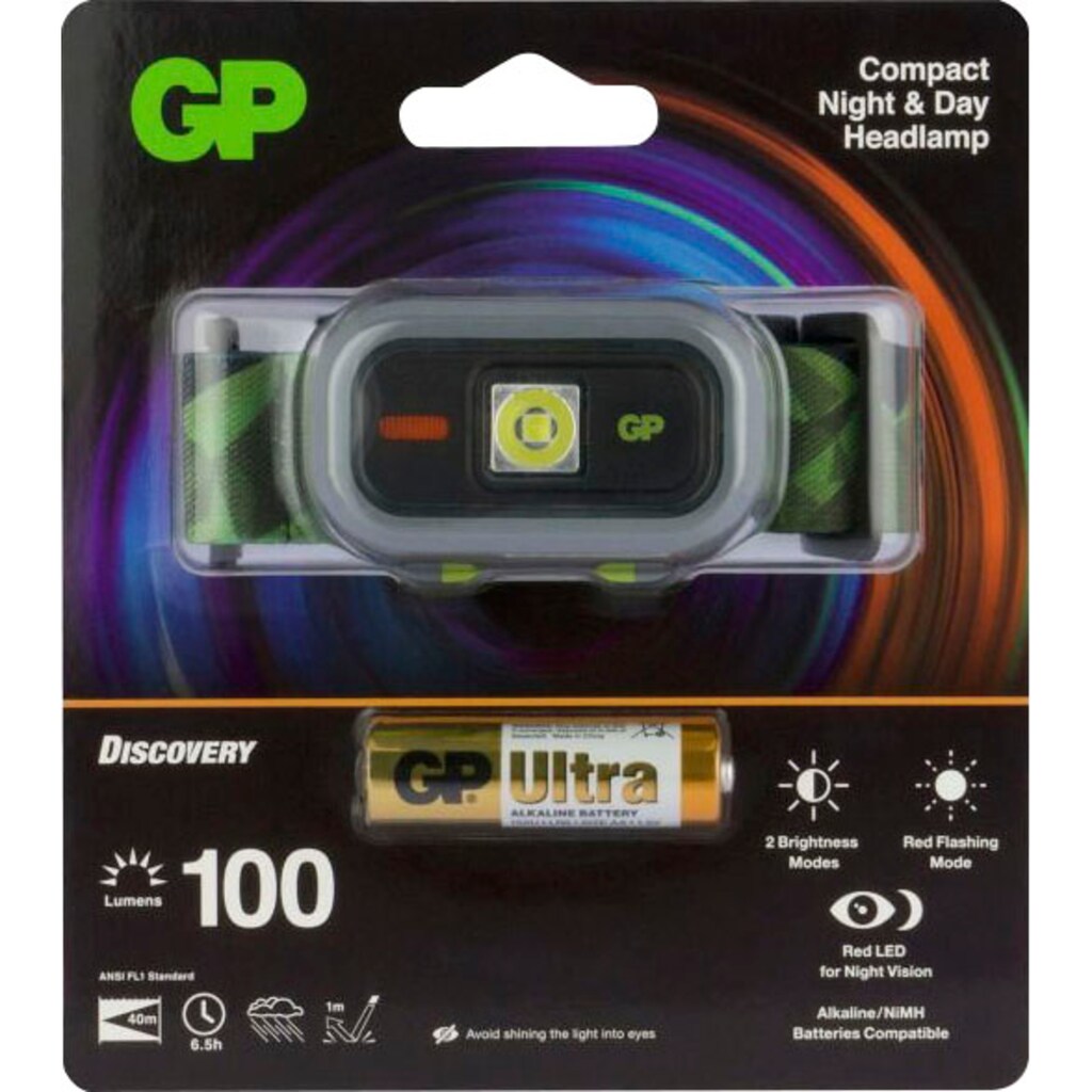 GP Batteries Stirnlampe »GP Discovery CH33, Nachtsicht«, 100 Lumen, inkl. 1x AA Batterien, Leuchtzeit 6,5h, Leuchtweite 40m