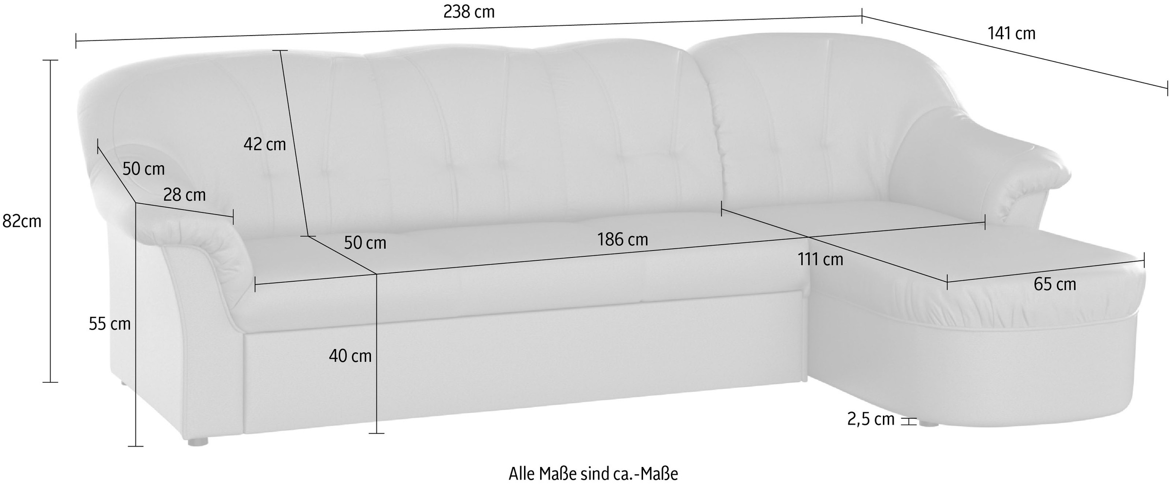 DOMO collection Ecksofa »Pegnitz, elegante Rückensteppung, kompakte Stellmaße 238/141cm, L-Form«, wahlweise mit Bettfunktion